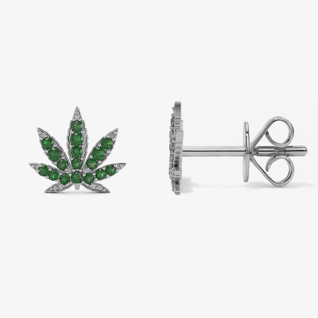 Mini Token Marijuana Studs 14K White Gold