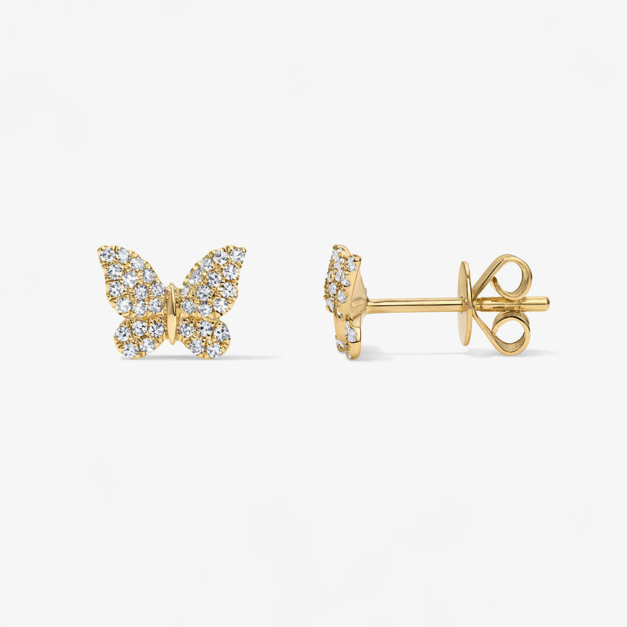 Mini Token Pave Butterfly Studs 14K Yellow Gold Pair