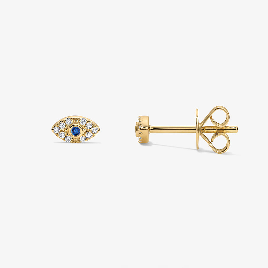 Mini Token Pave Evil Eye Studs 14K Yellow Gold Pair