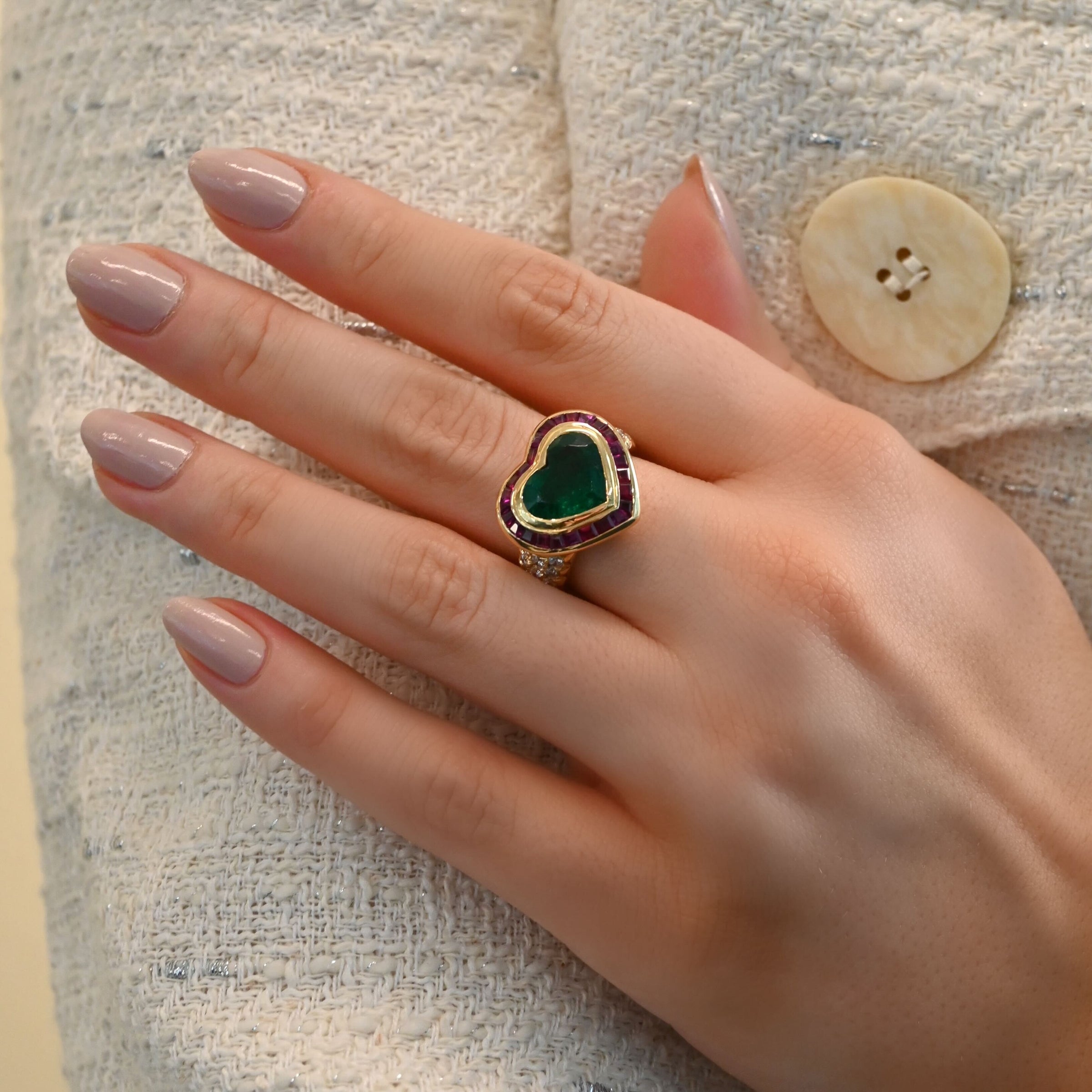 Vintage Heart Shaped Emerald with Ruby Baguettes and Diamond Ring