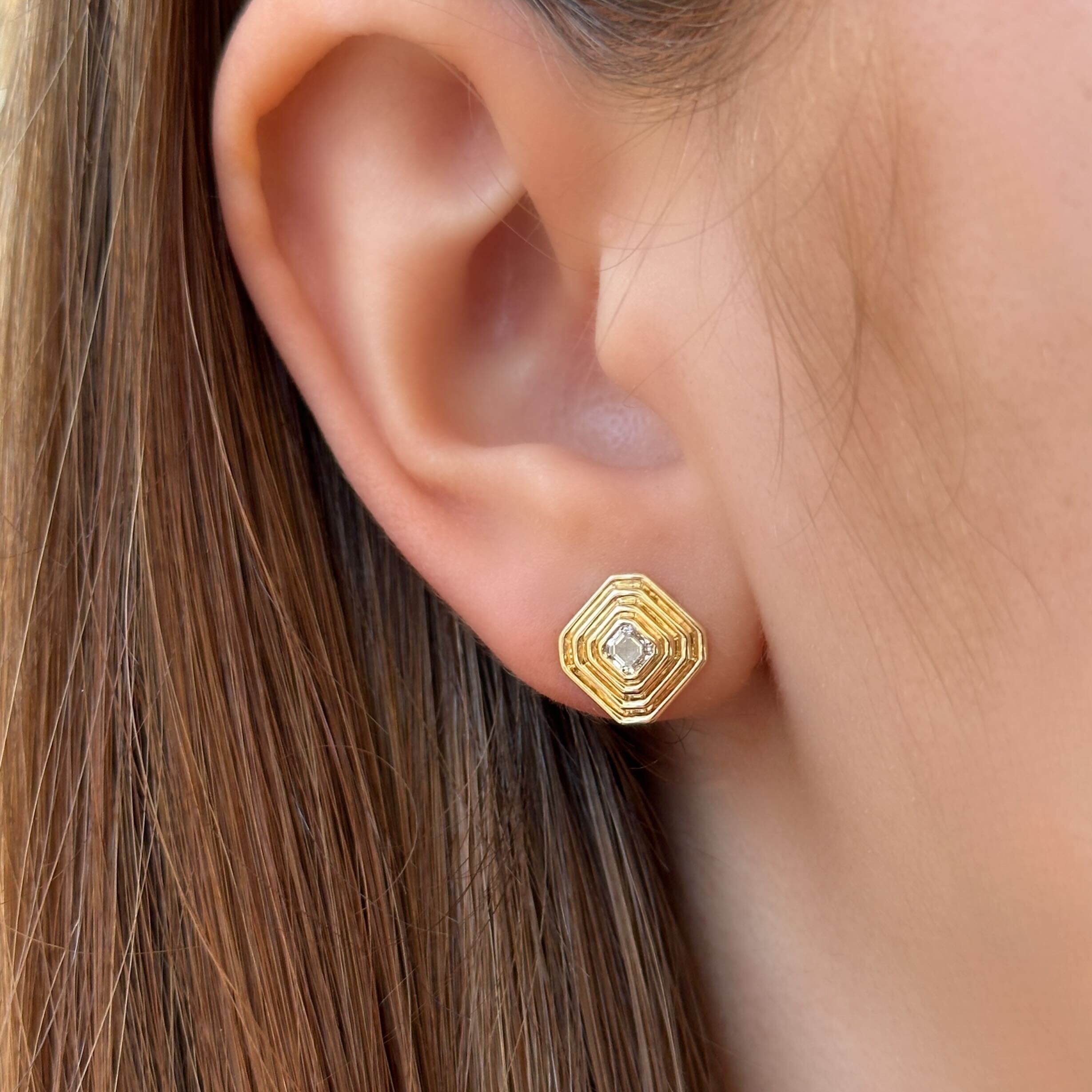 Gold and Diamond Small Asscher Stud Earrings