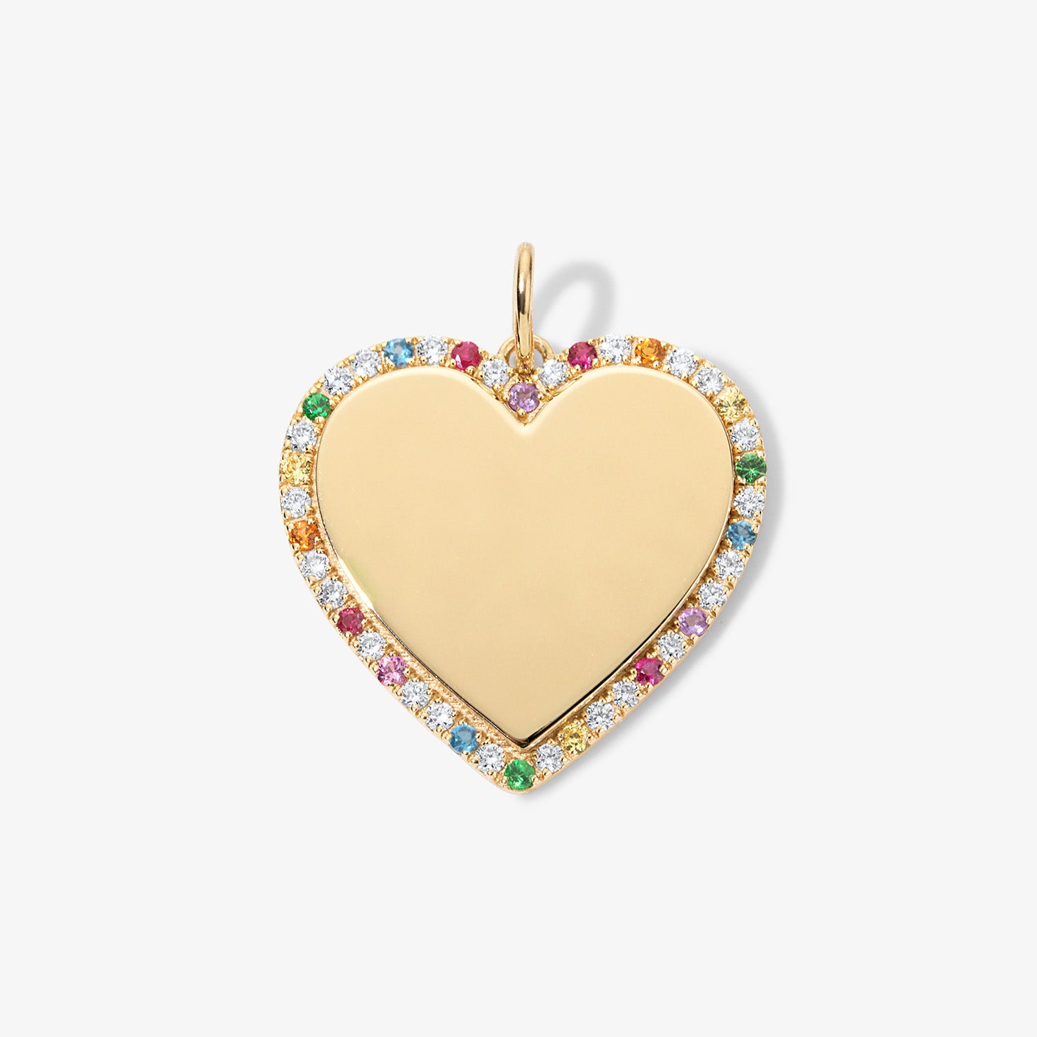 Large Heart Bubble Charm with Rainbow Pave Outline 14K Yellow Gold