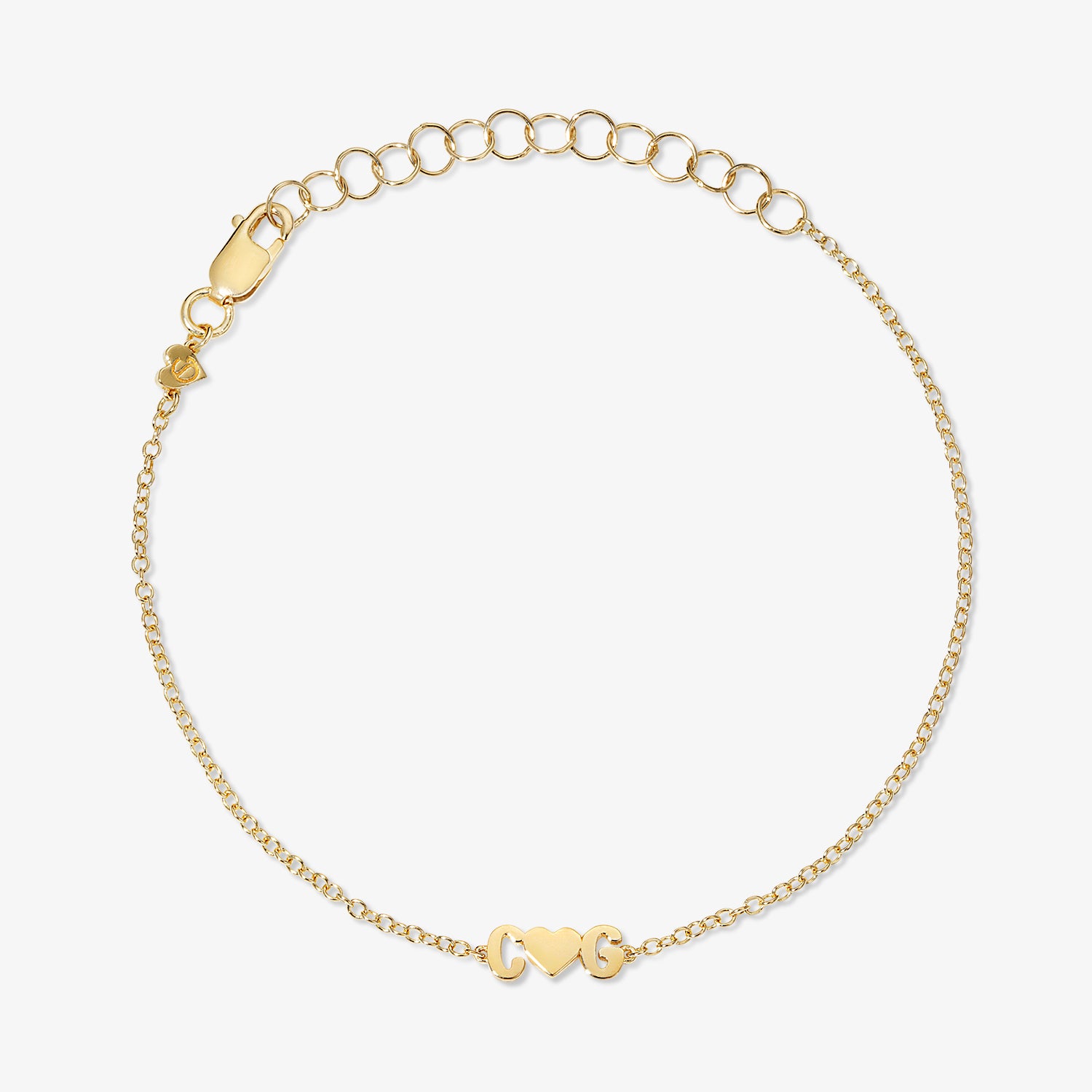 Petite Bubble Letters and Heart Bracelet 14K Yellow Gold