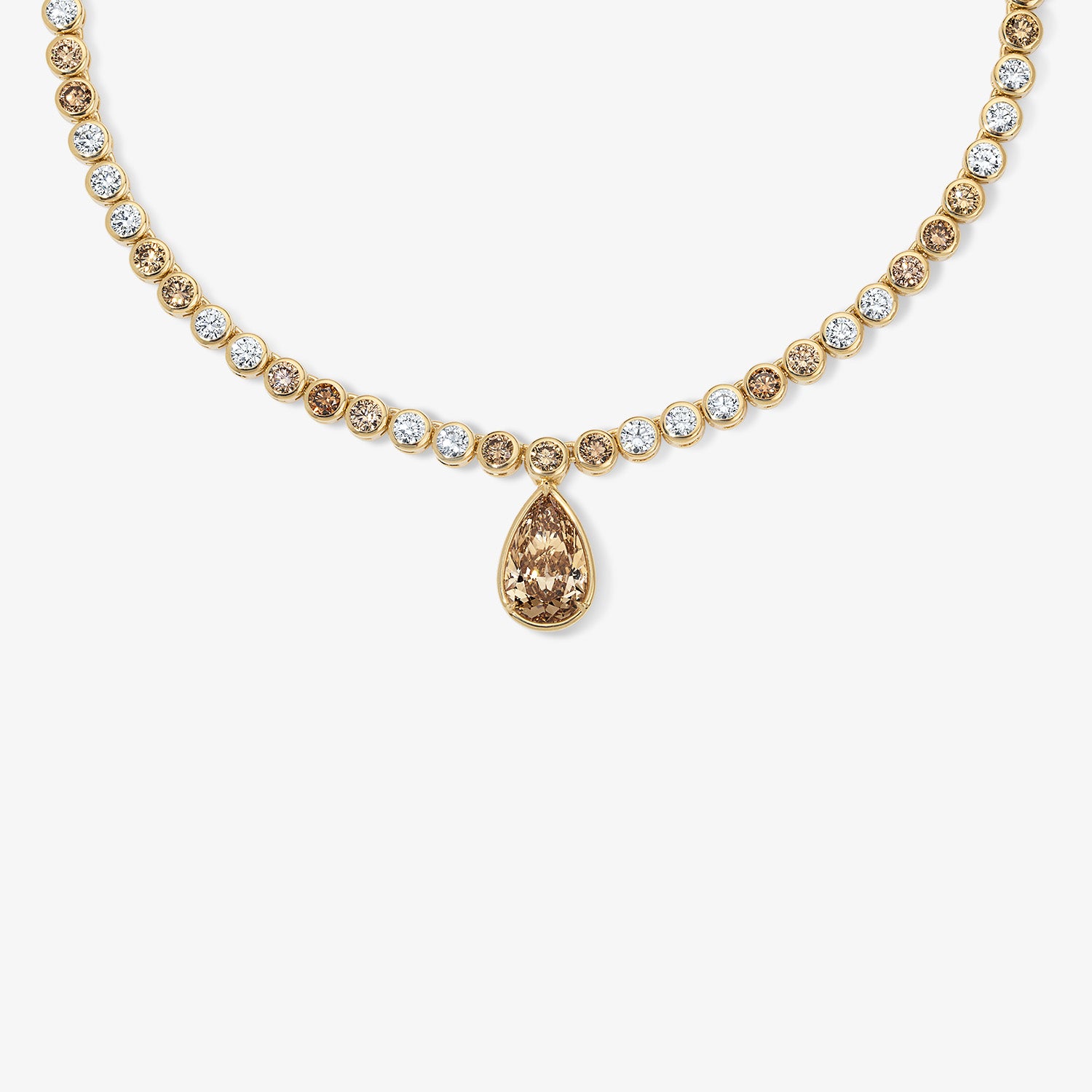 Margot White and Champagne Diamond Bezel Set Necklace With Fancy Brown Pear Drop