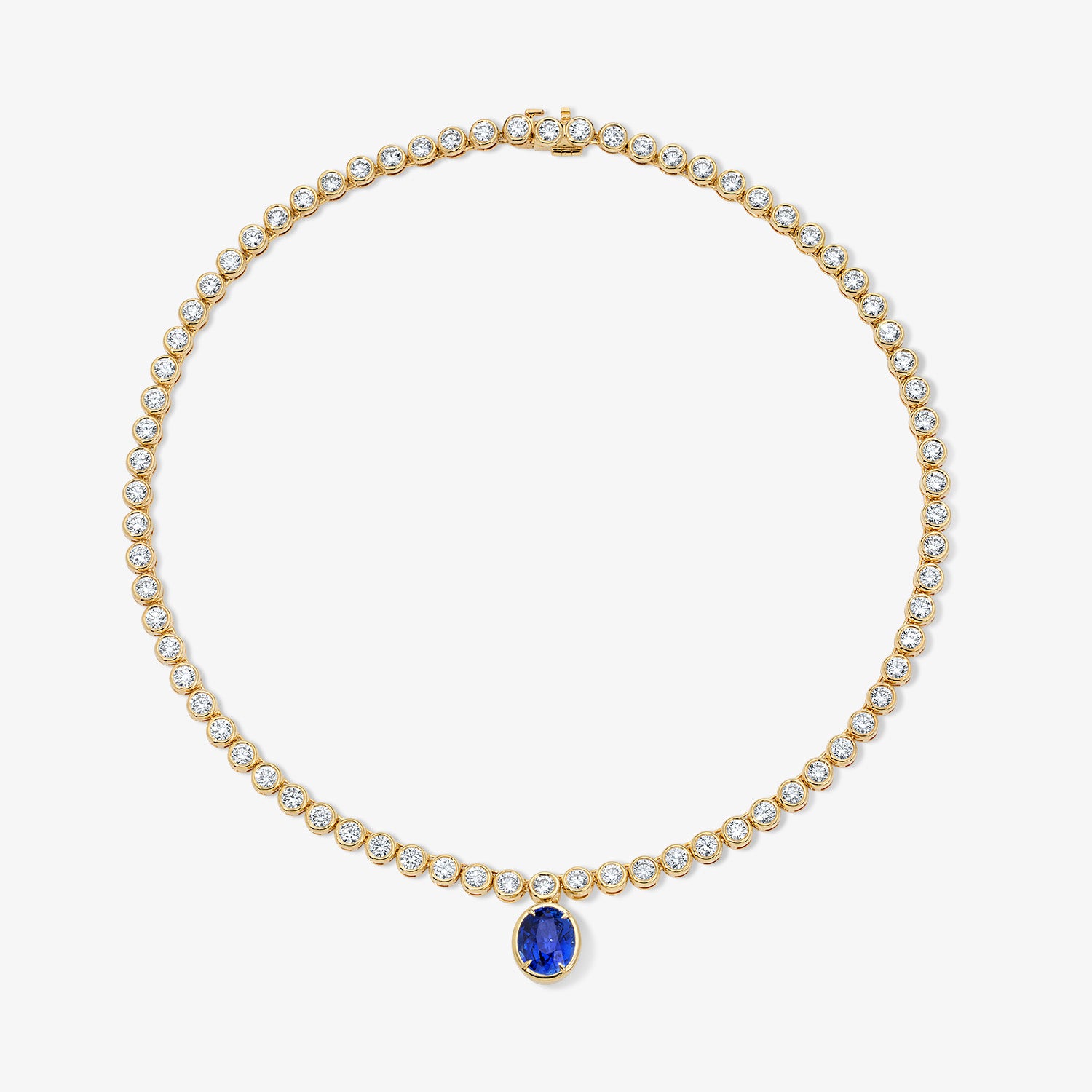 Margot Diamond Bezel Set tennis Necklace with Sapphire Drop