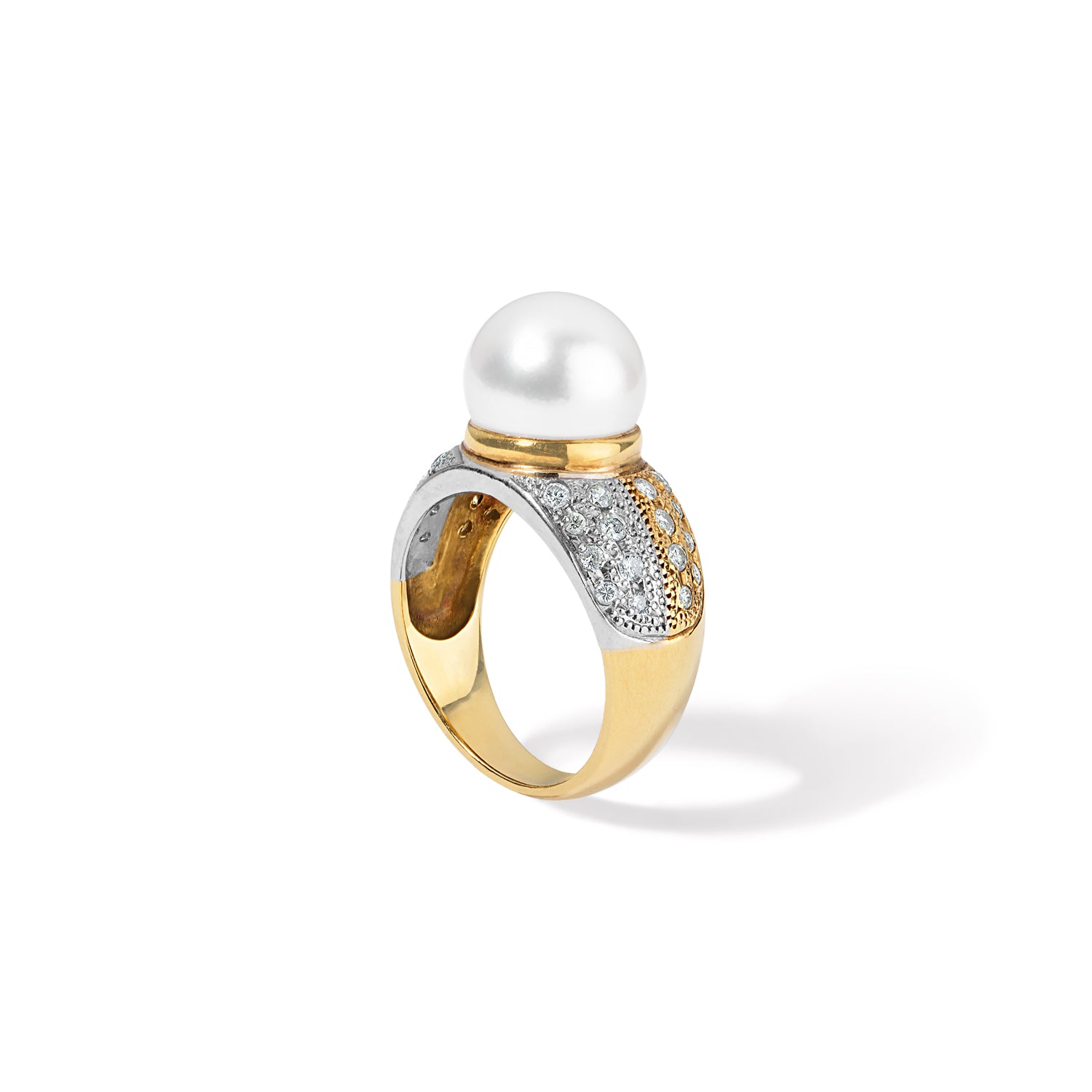 White Pearl Ring Edged with Diamonds