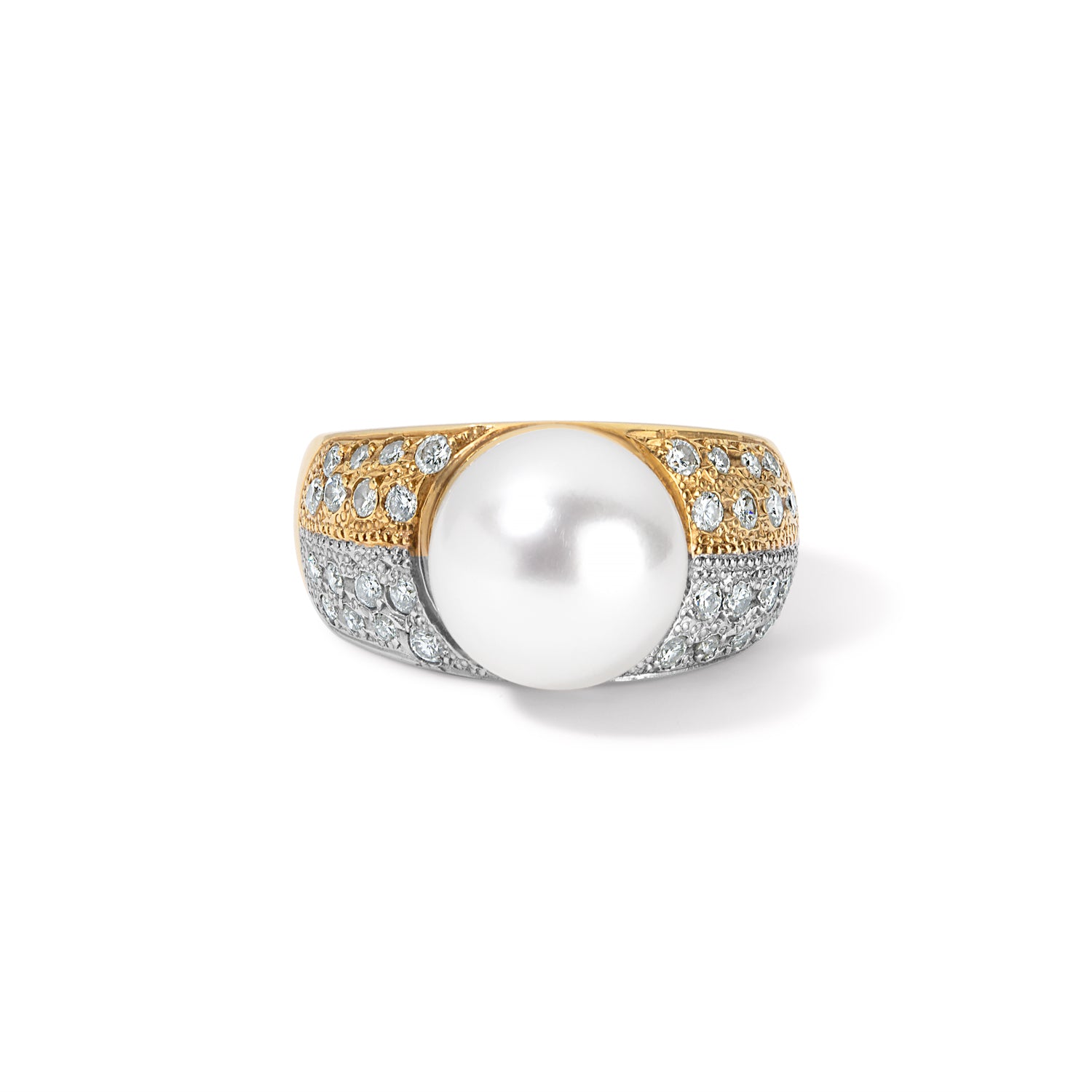 White Pearl Ring Edged with Diamonds