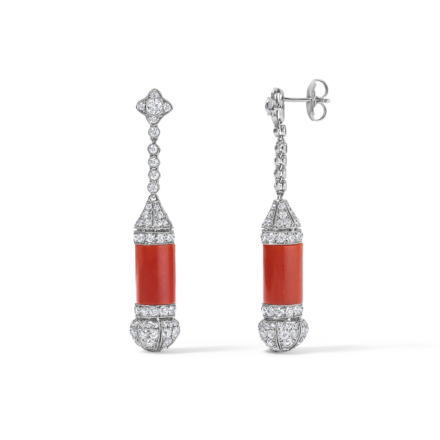 Coral and Diamond Tubular Earrings