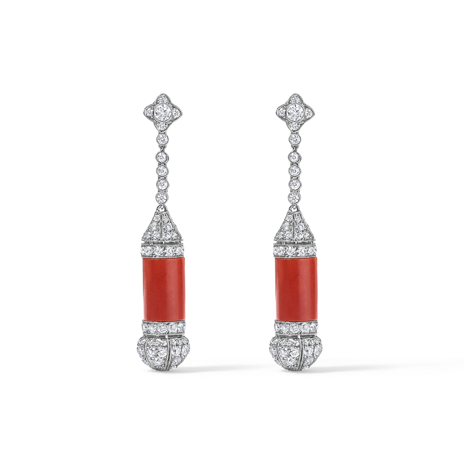 Coral and Diamond Tubular Earrings