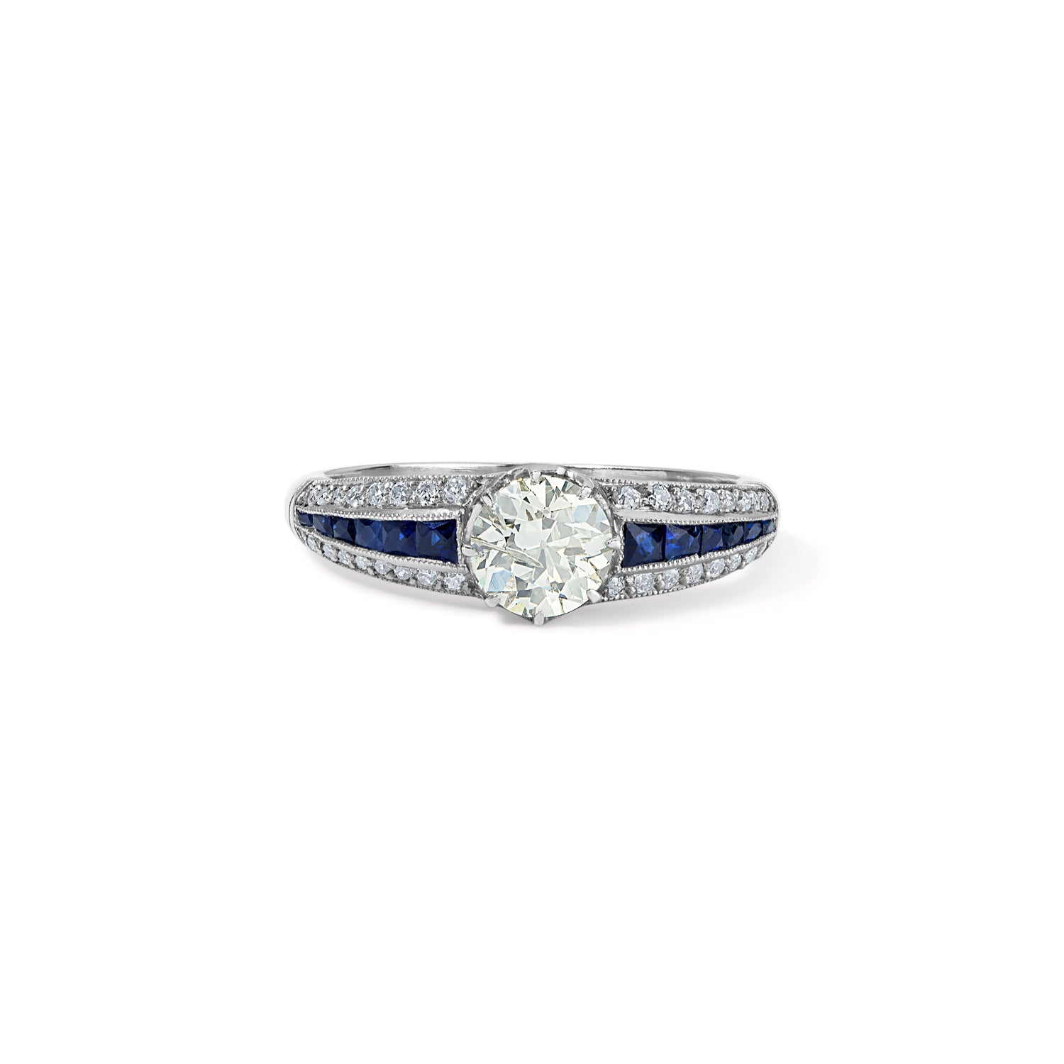 Old Mine Diamond Ring Edged with Sapphire