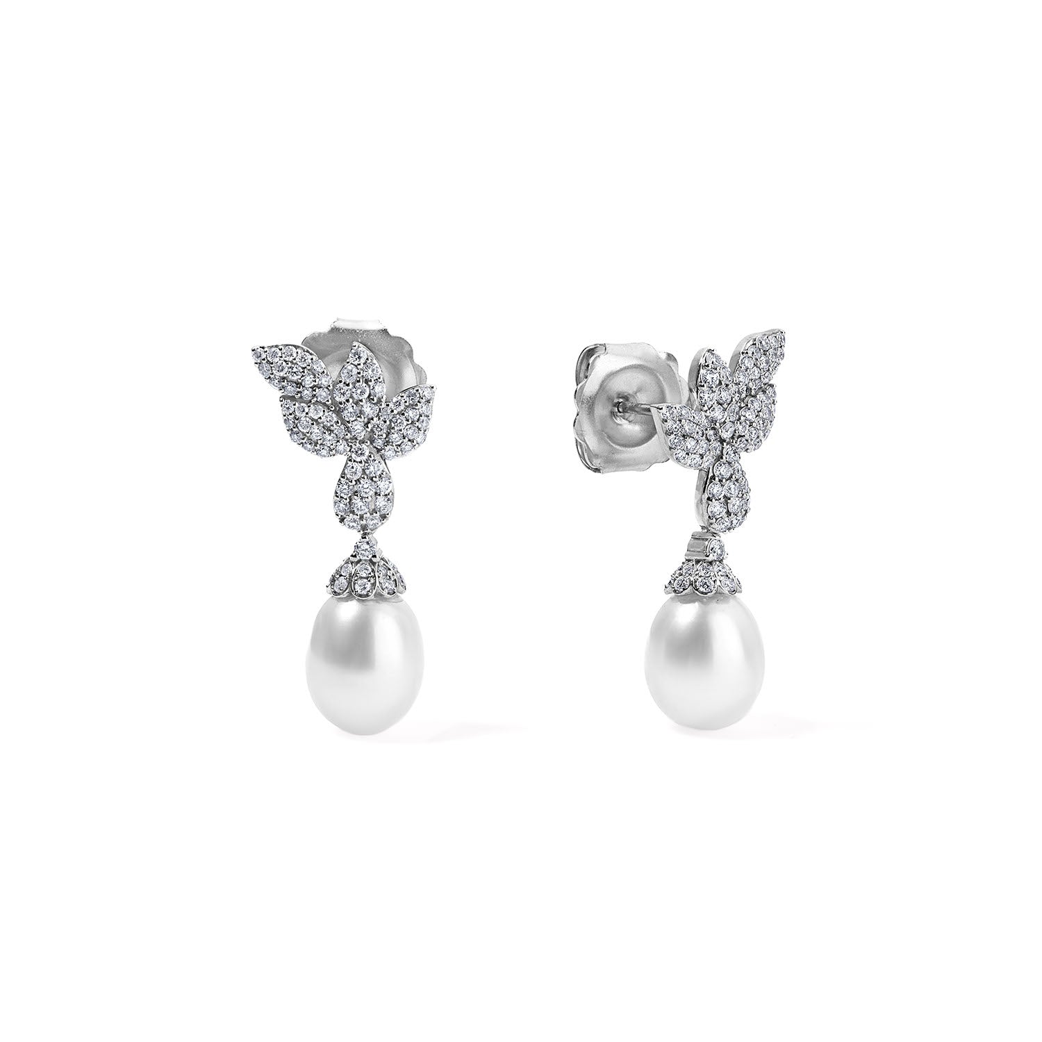 Pave Petal and Pearl Drop Earrings