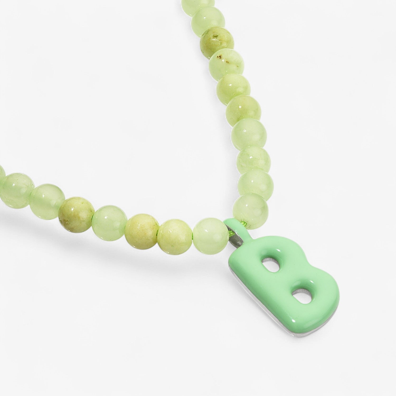 Green Bead Necklace with Enamel Bubble Initial