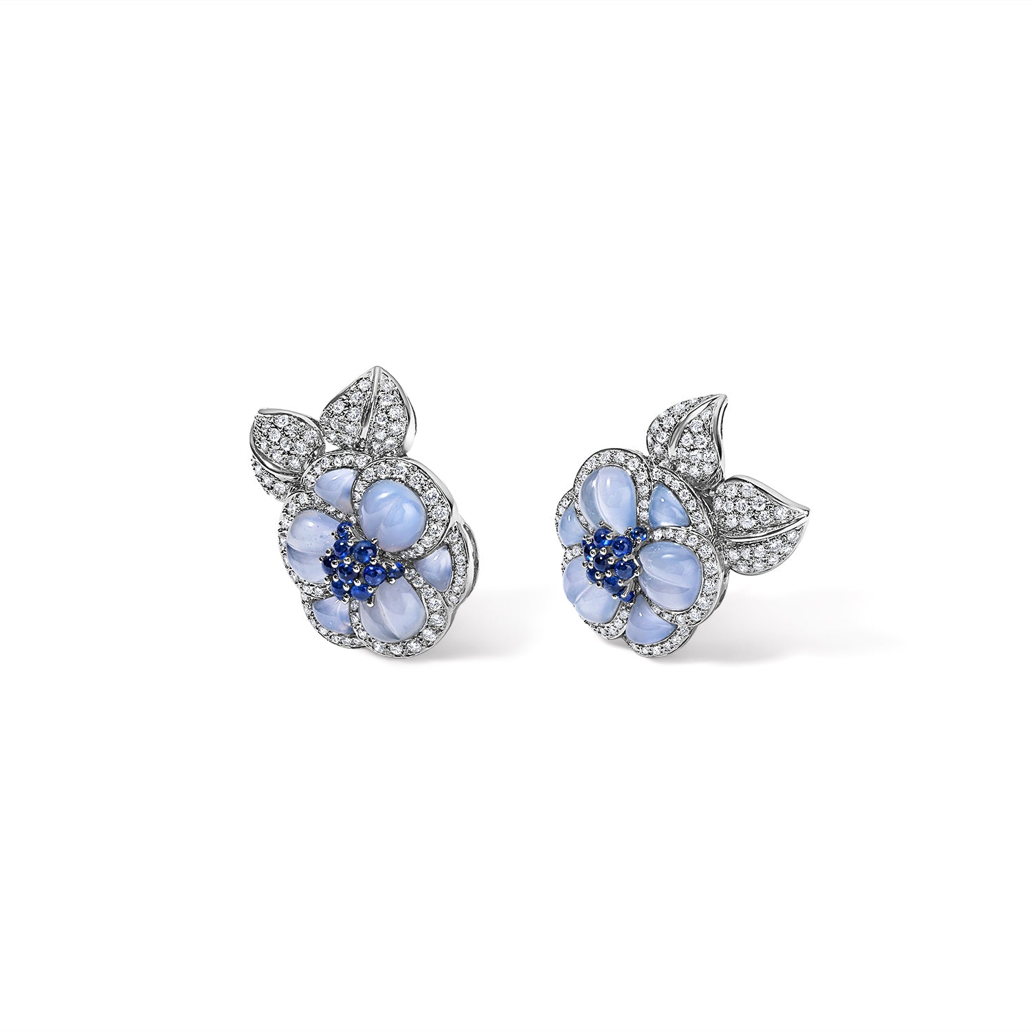 Chalcedony Flower Earrings in White Gold