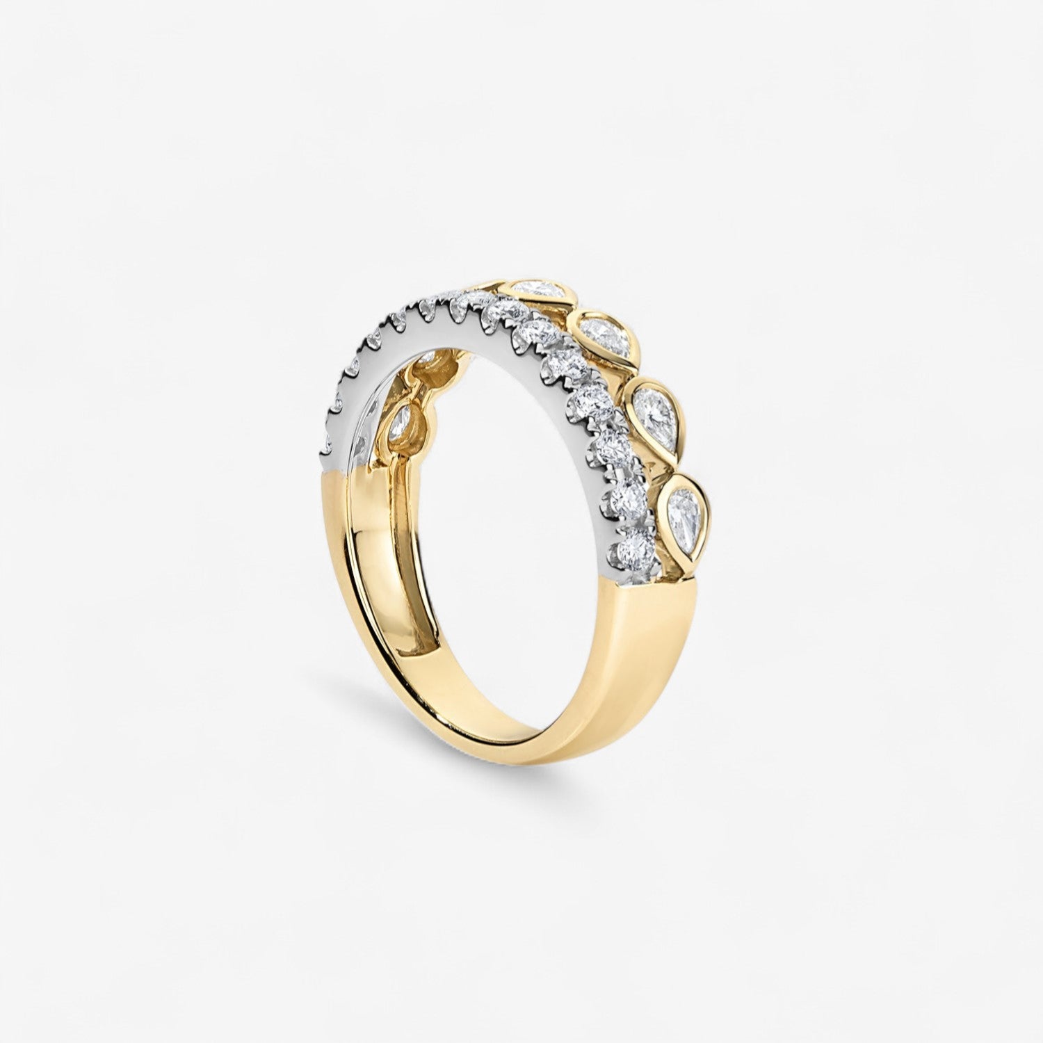 Diamond Pear Bezel and Round Two Row Ring