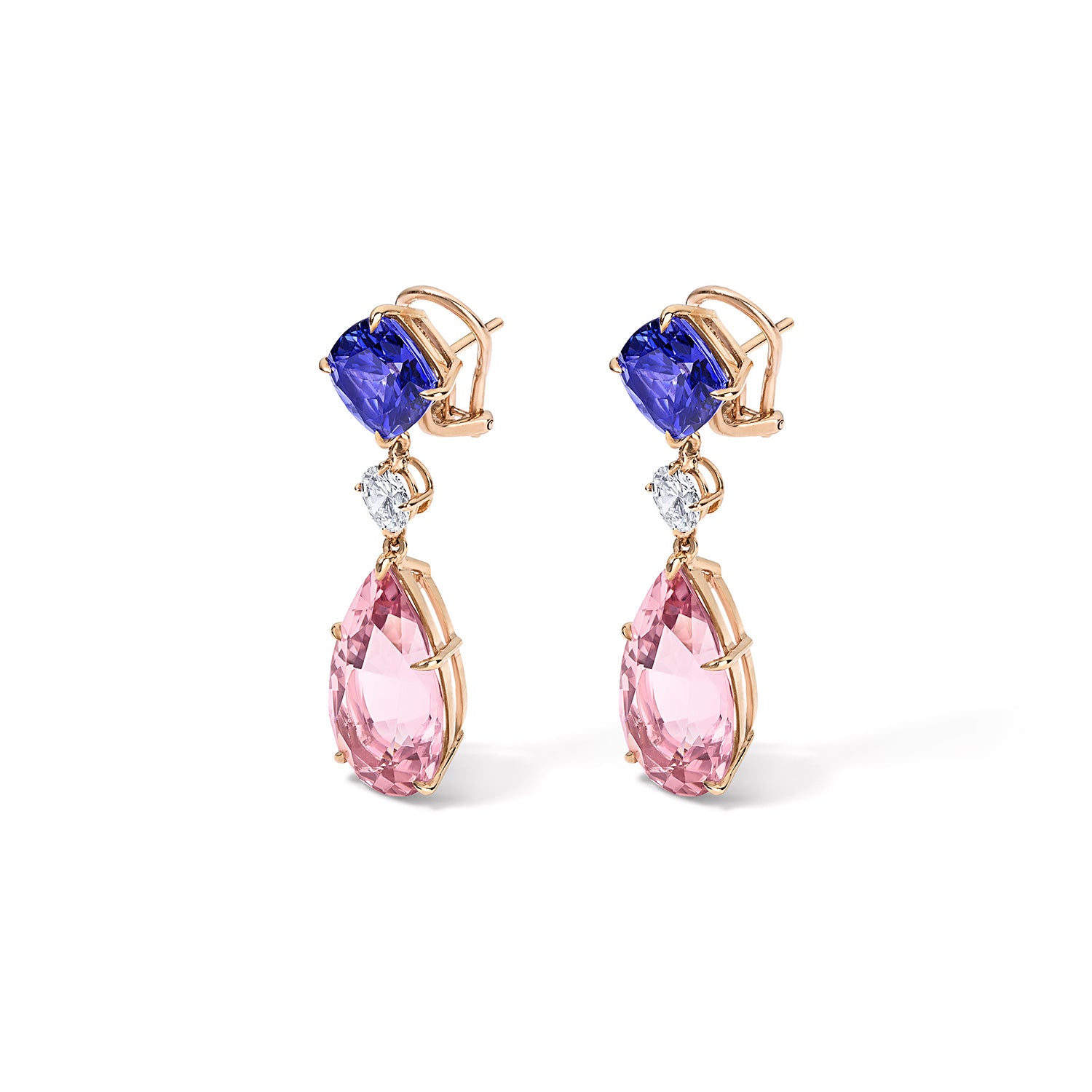 Diamond Tanzanite and Morganite Earrings in Yellow Gold