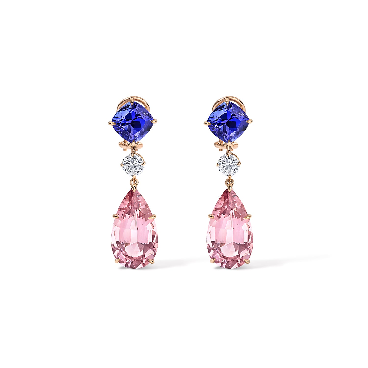 Diamond Tanzanite and Morganite Earrings in Yellow Gold