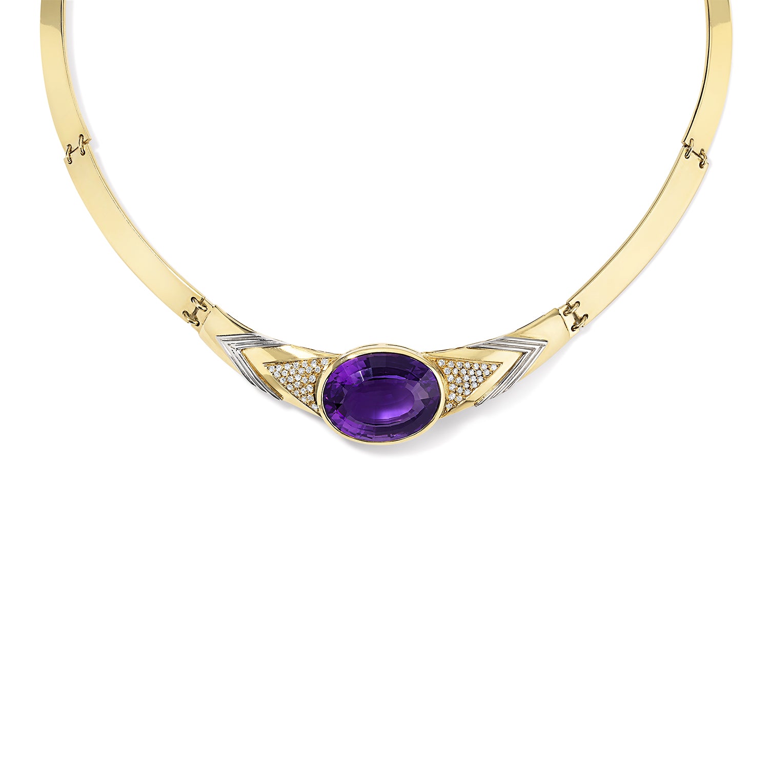 Gold Collar Necklace with Oval Amethyst and Pave Diamonds