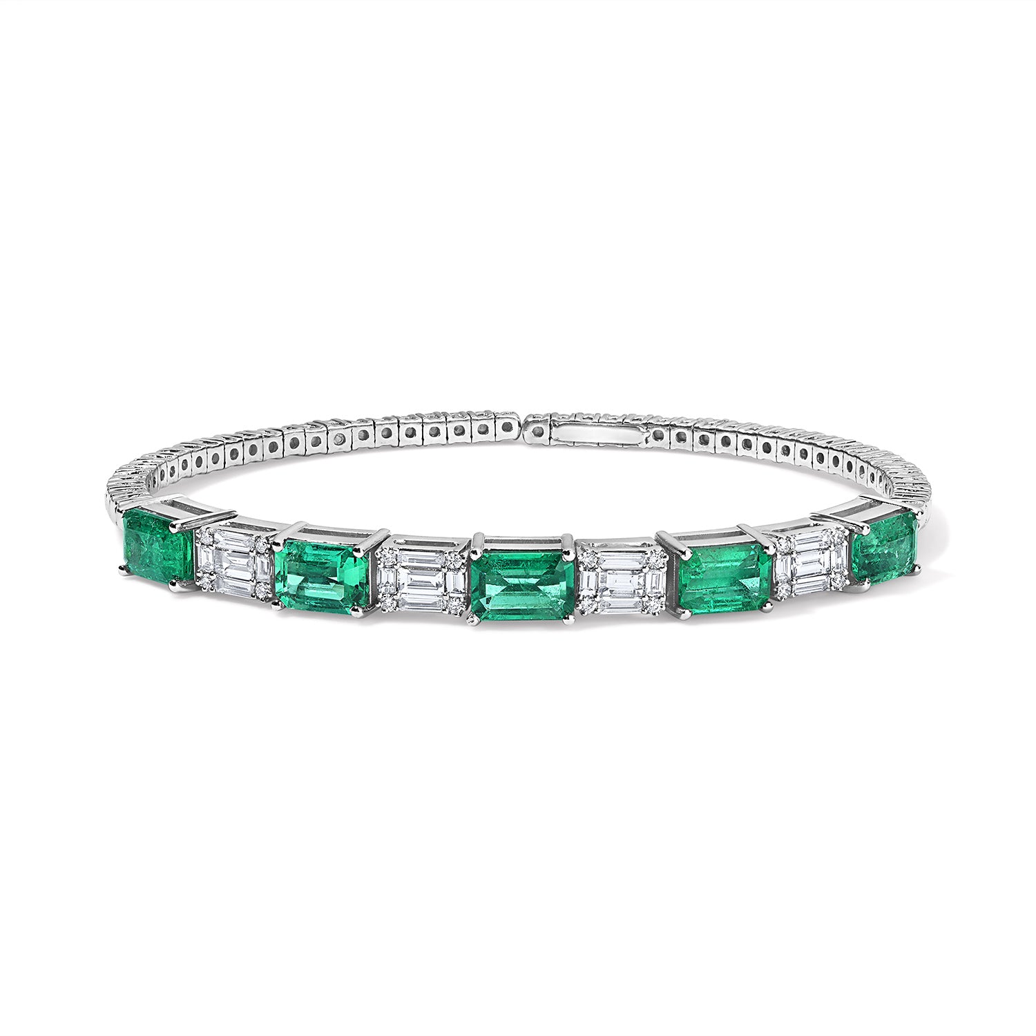 Diamond and Green Emerald Bangle in White Gold