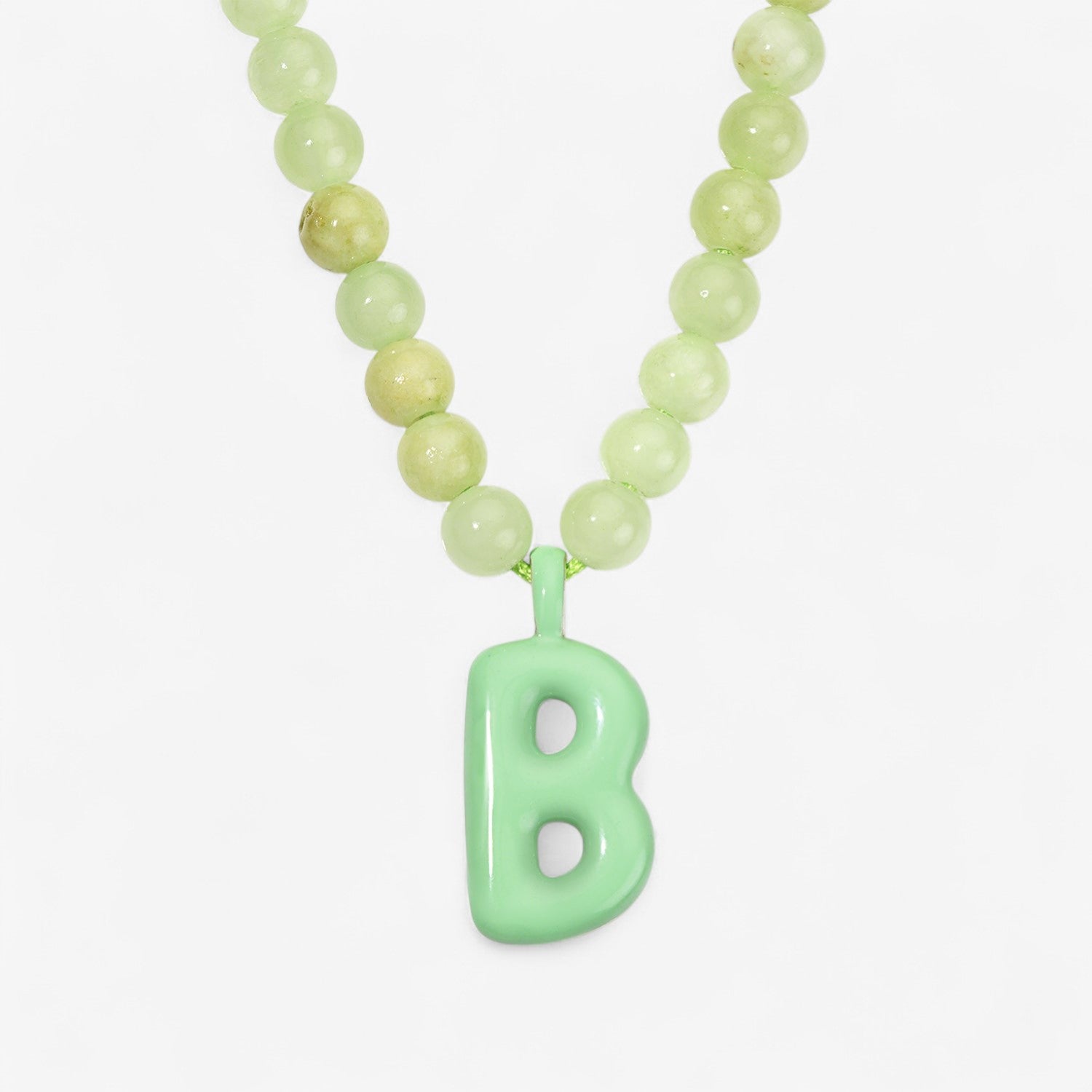 Green Bead Necklace with Enamel Bubble Initial