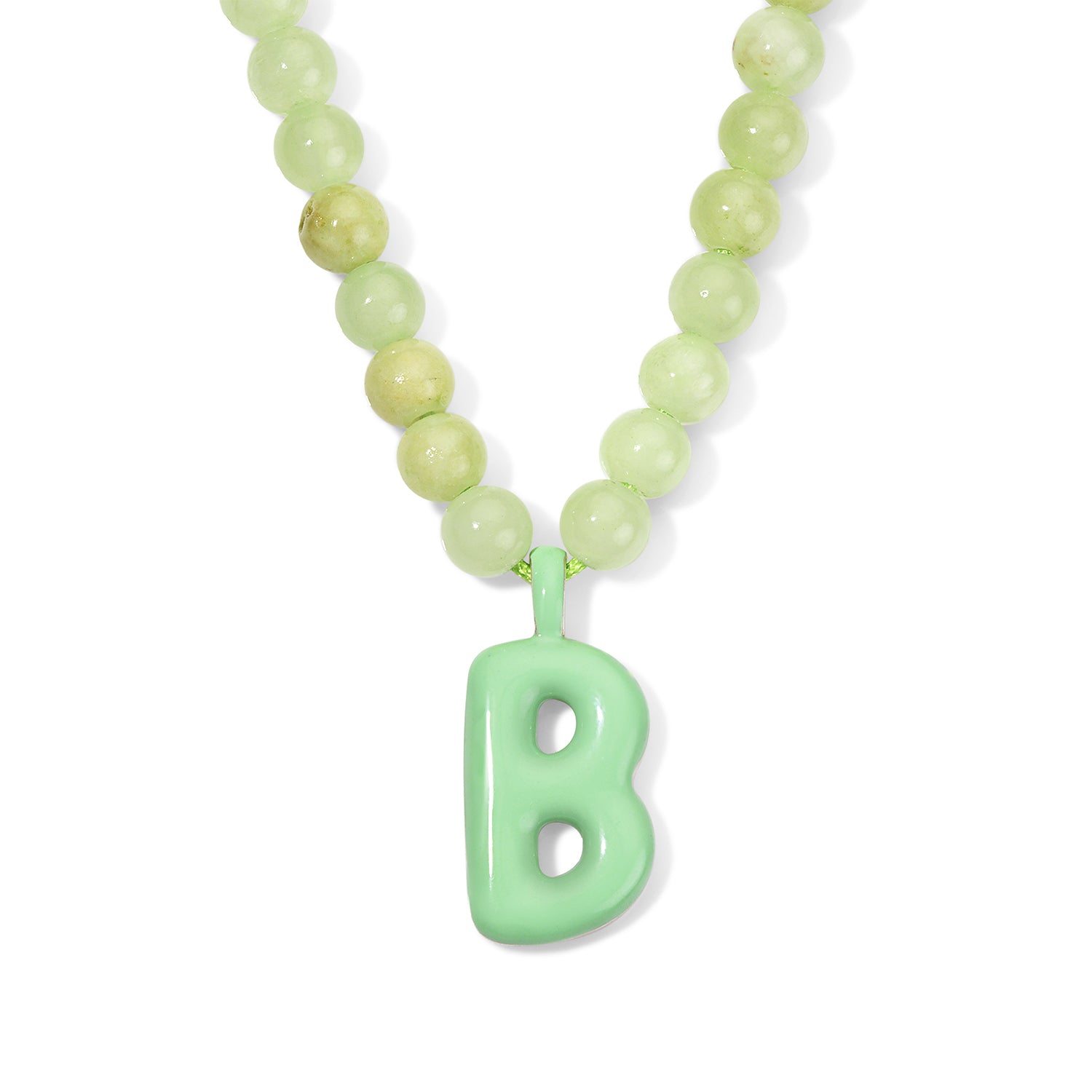 Green Bead Necklace with Enamel Bubble Initial