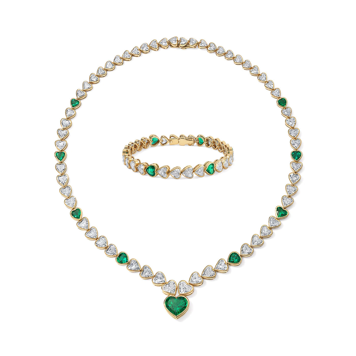 Vintage Diamond and Emerald Heart Bracelet and Necklace Set