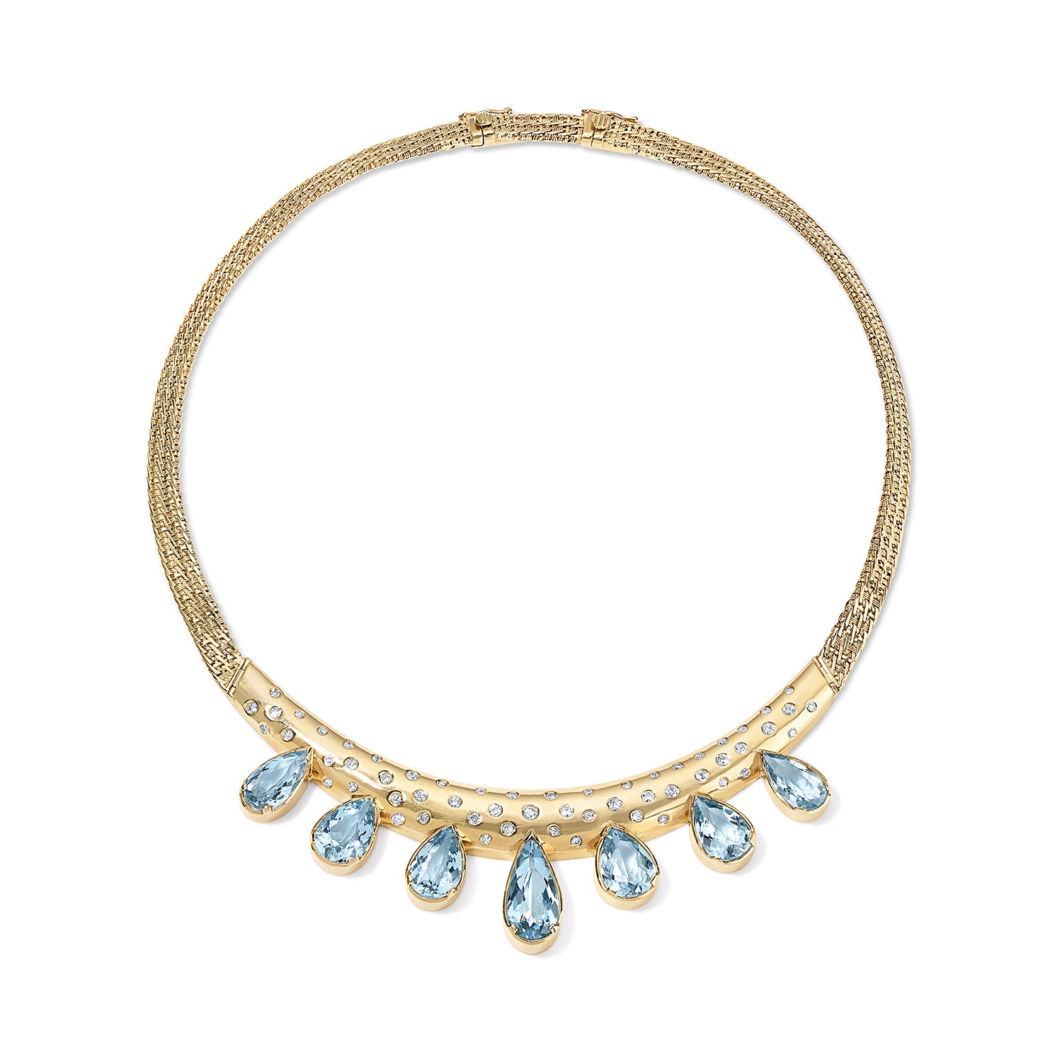 Gold Collar Necklace with Graduating Aquamarine Pears