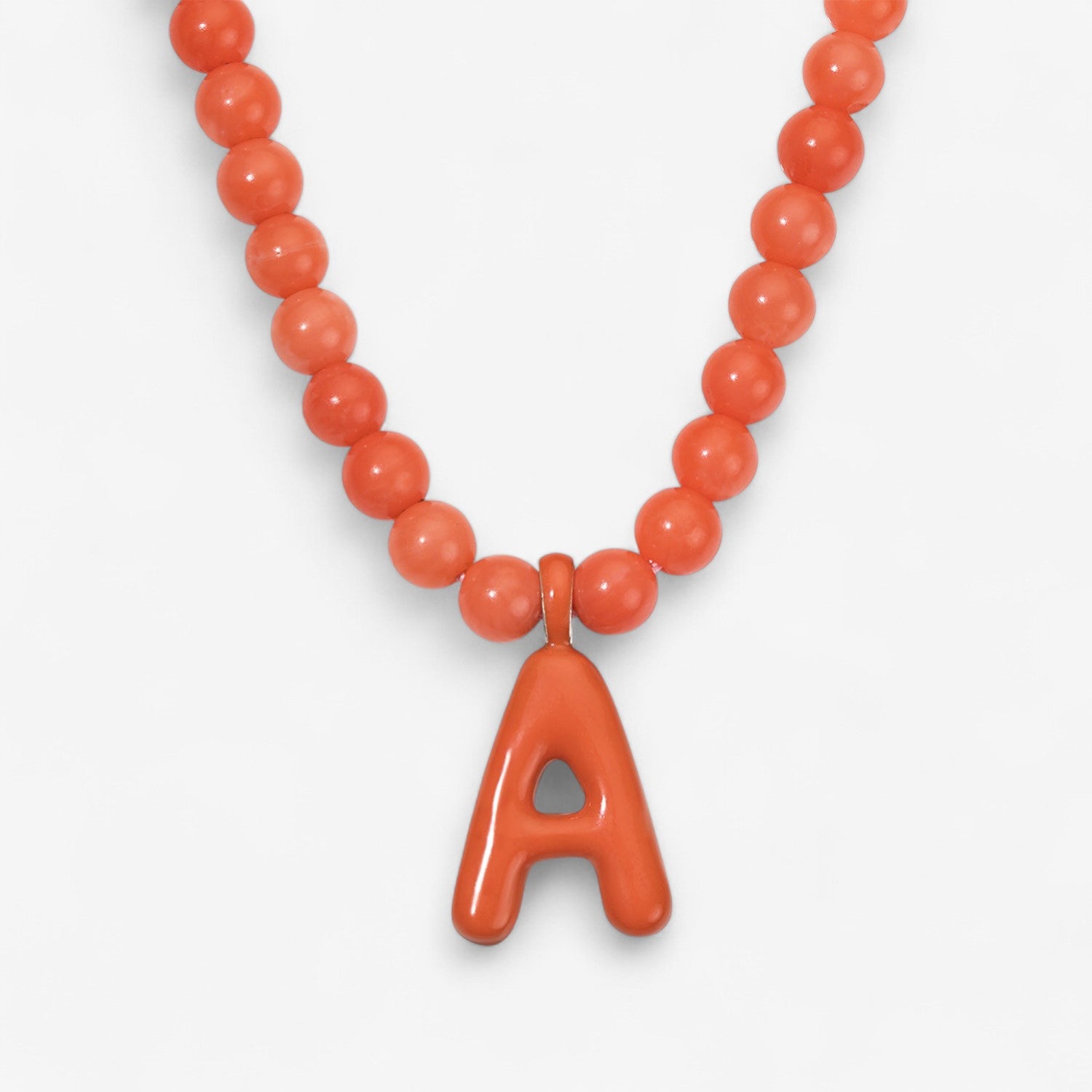 Orange Bead Necklace with Enamel Bubble Initial