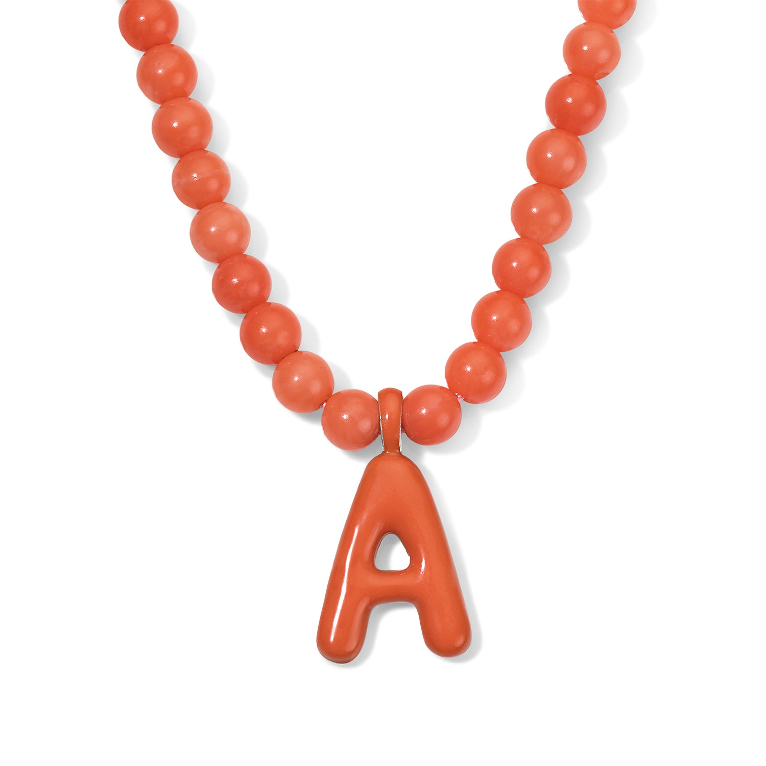 Orange Bead Necklace with Enamel Bubble Initial