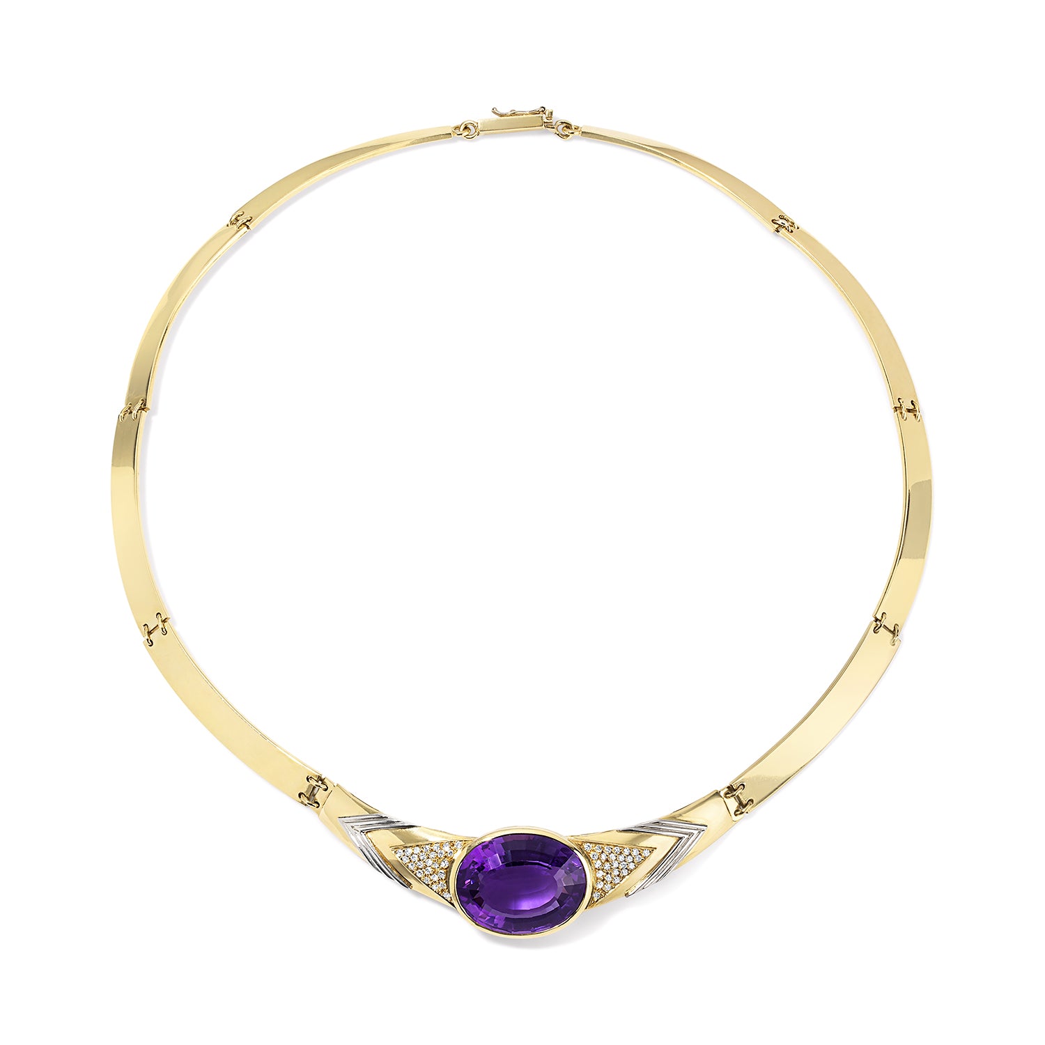 Gold Collar Necklace with Oval Amethyst and Pave Diamonds