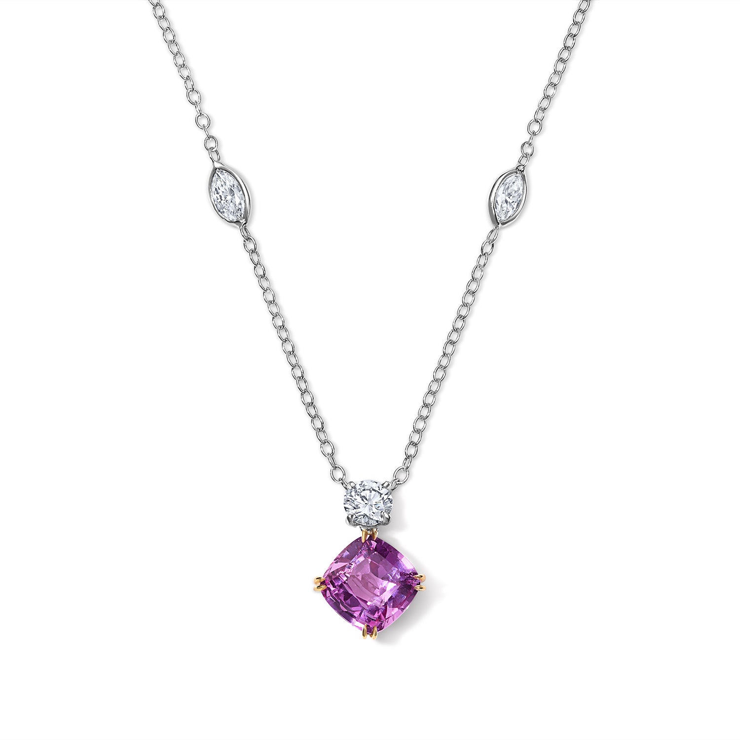 Diamond and Pink Sapphire Pendant Necklace in White Gold