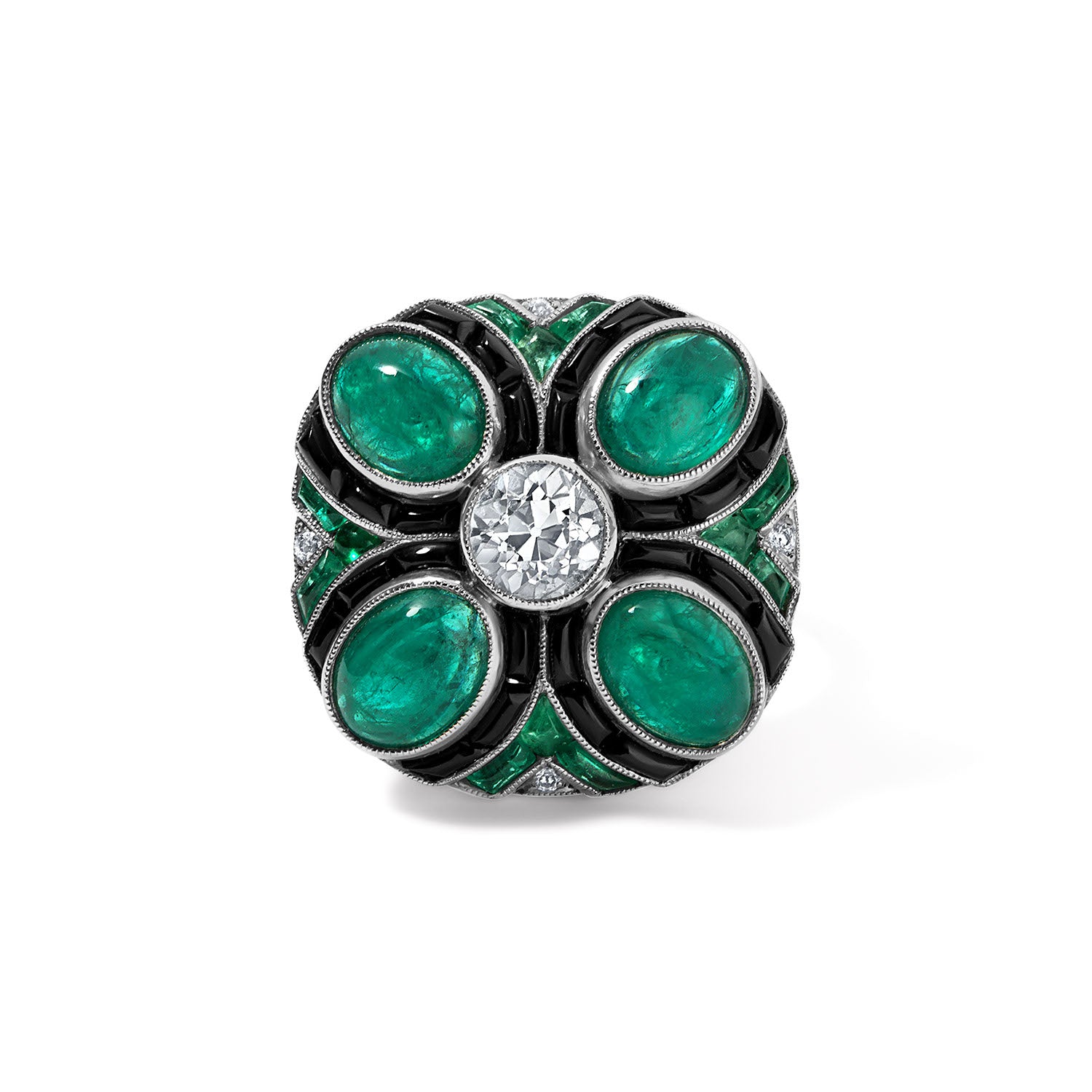 Deco Diamond, Emerald, and Onyx Cocktail Ring
