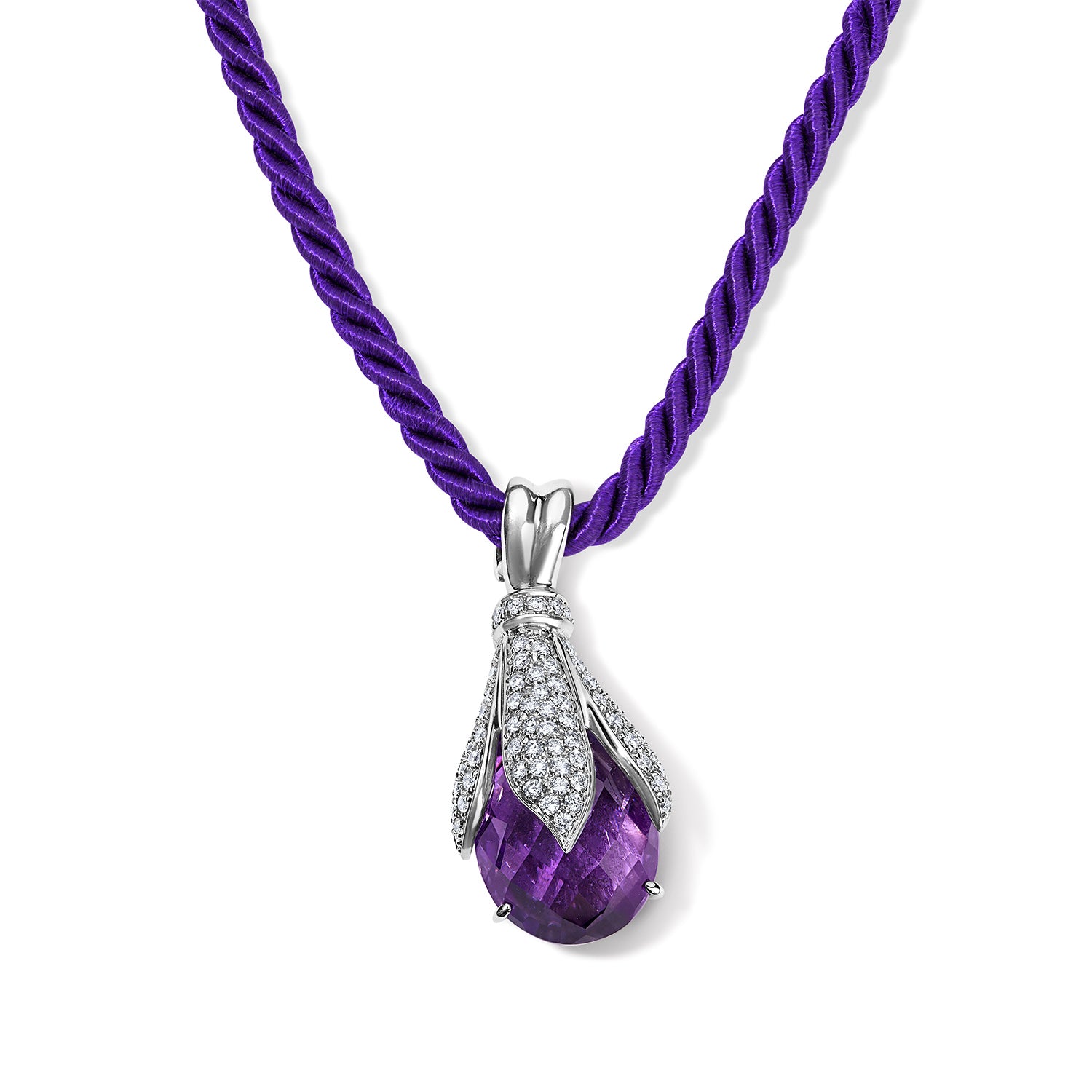 Chord Necklace with Amethyst Pendant in White Gold