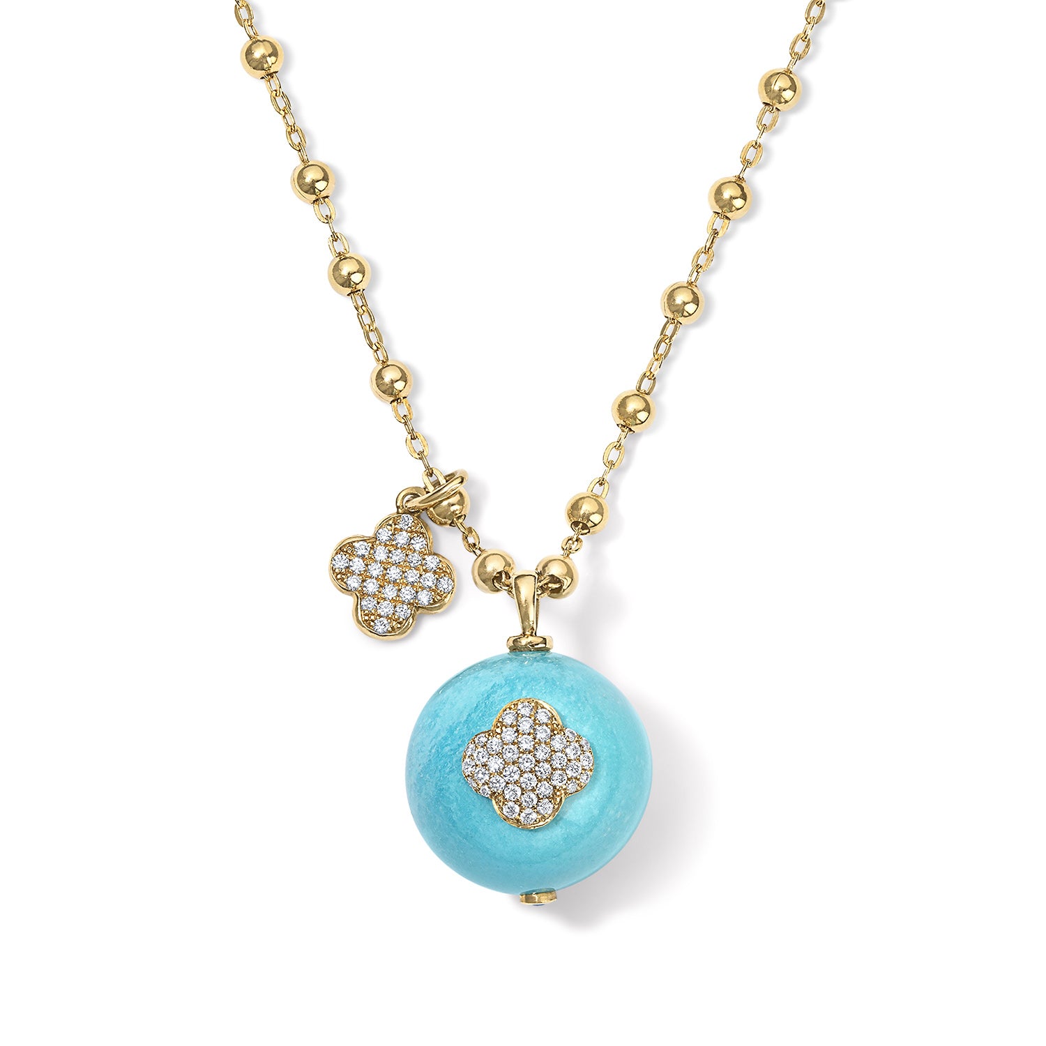 Diamond Clover and Blue Enamel Ball Necklace in Yellow Gold