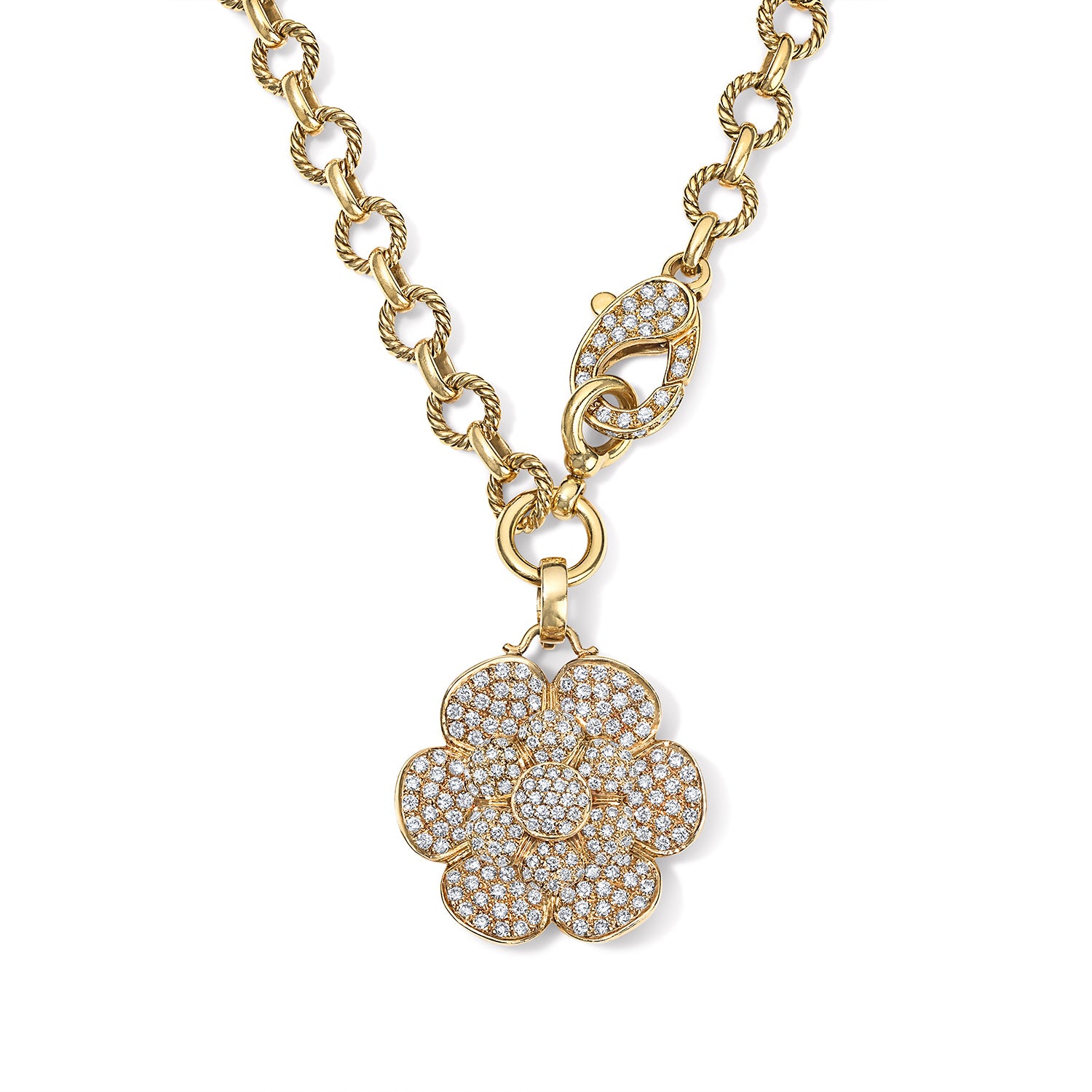 Diamond Flower Pendant on Link Necklace with Pave Clasp in Yellow Gold