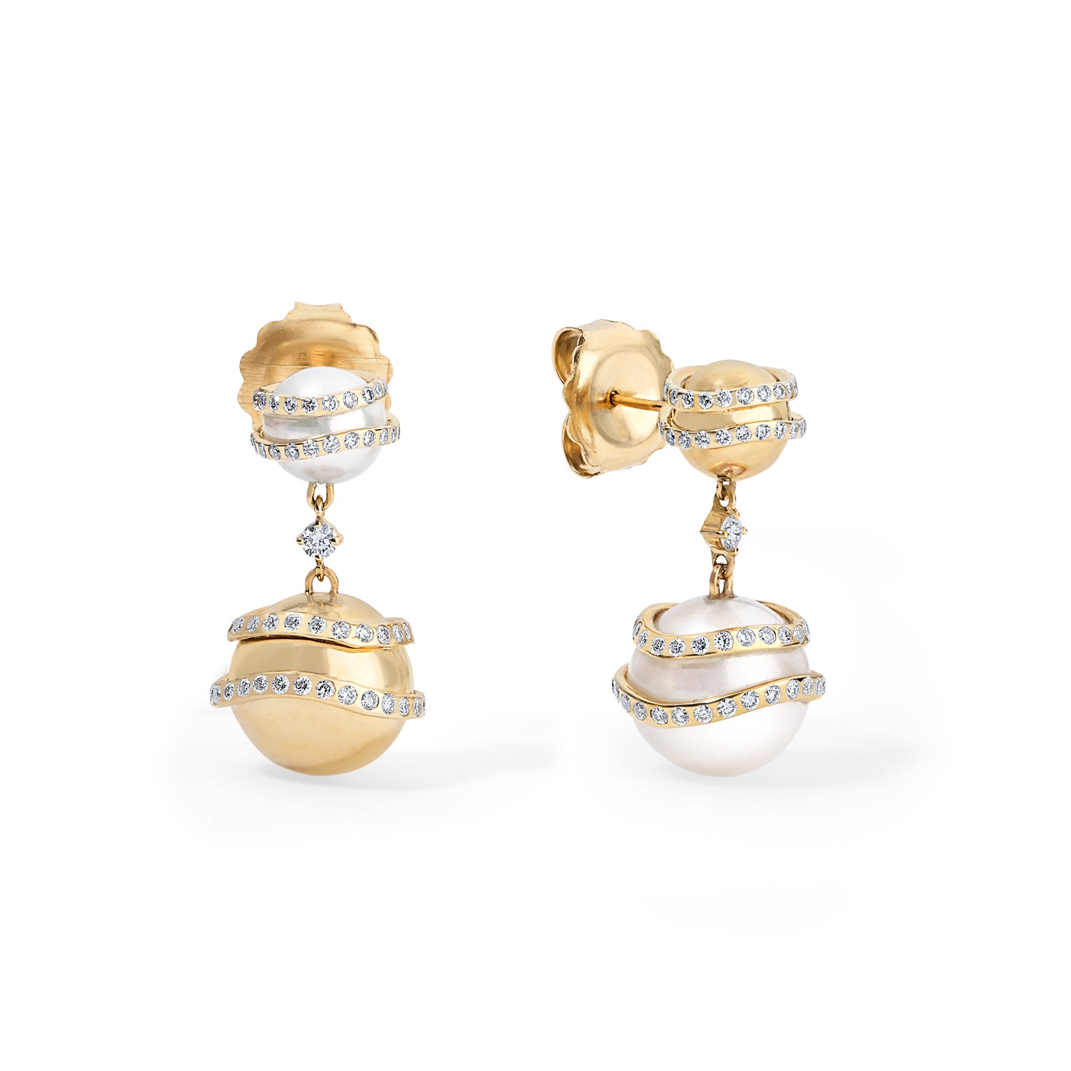 Gold Bead and Pearl Pave Drop Earrings
