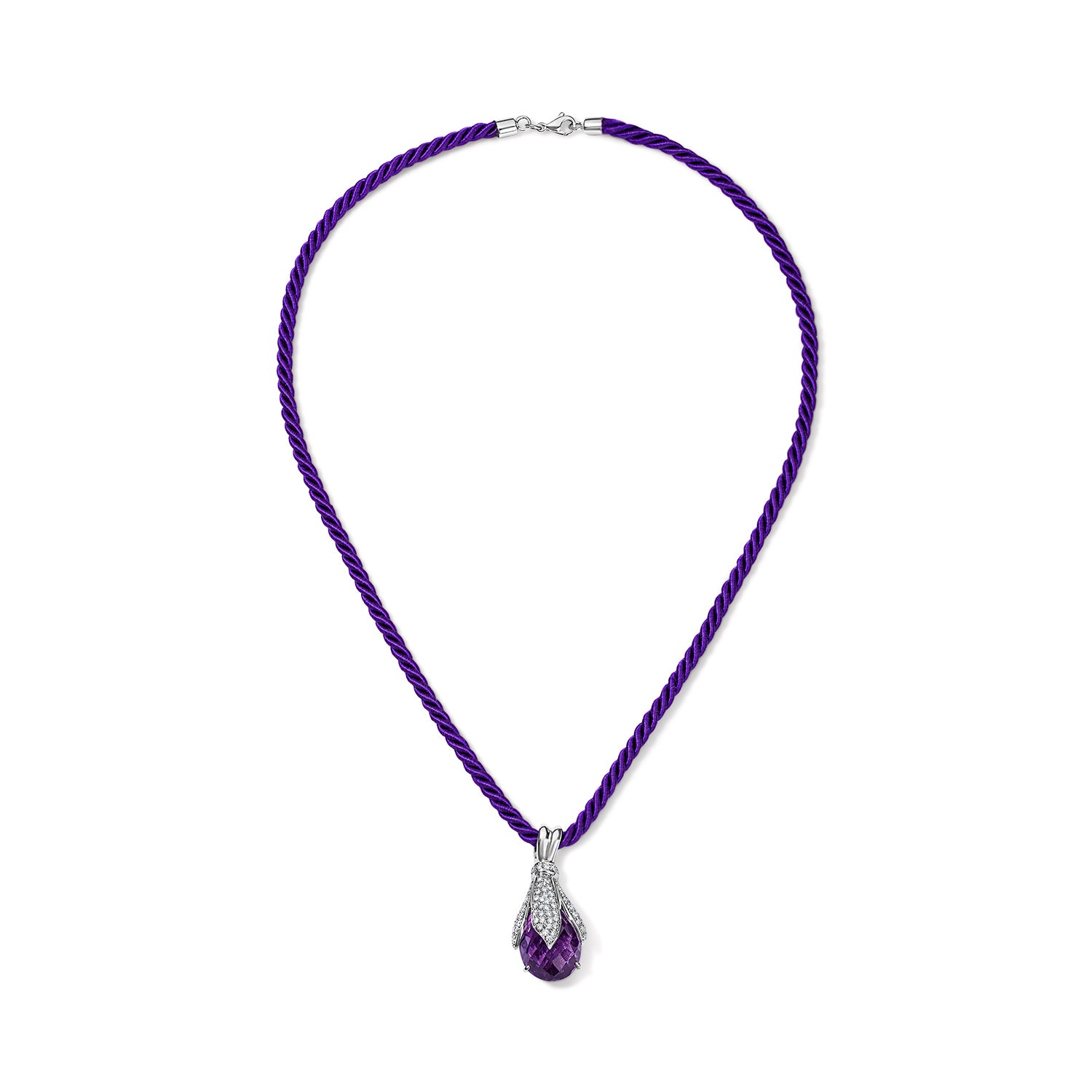 Chord Necklace with Amethyst Pendant in White Gold