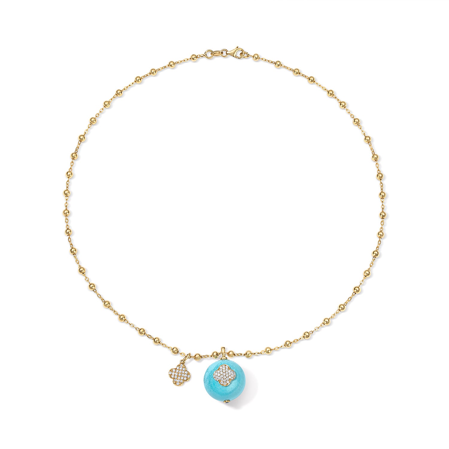 Diamond Clover and Blue Enamel Ball Necklace in Yellow Gold