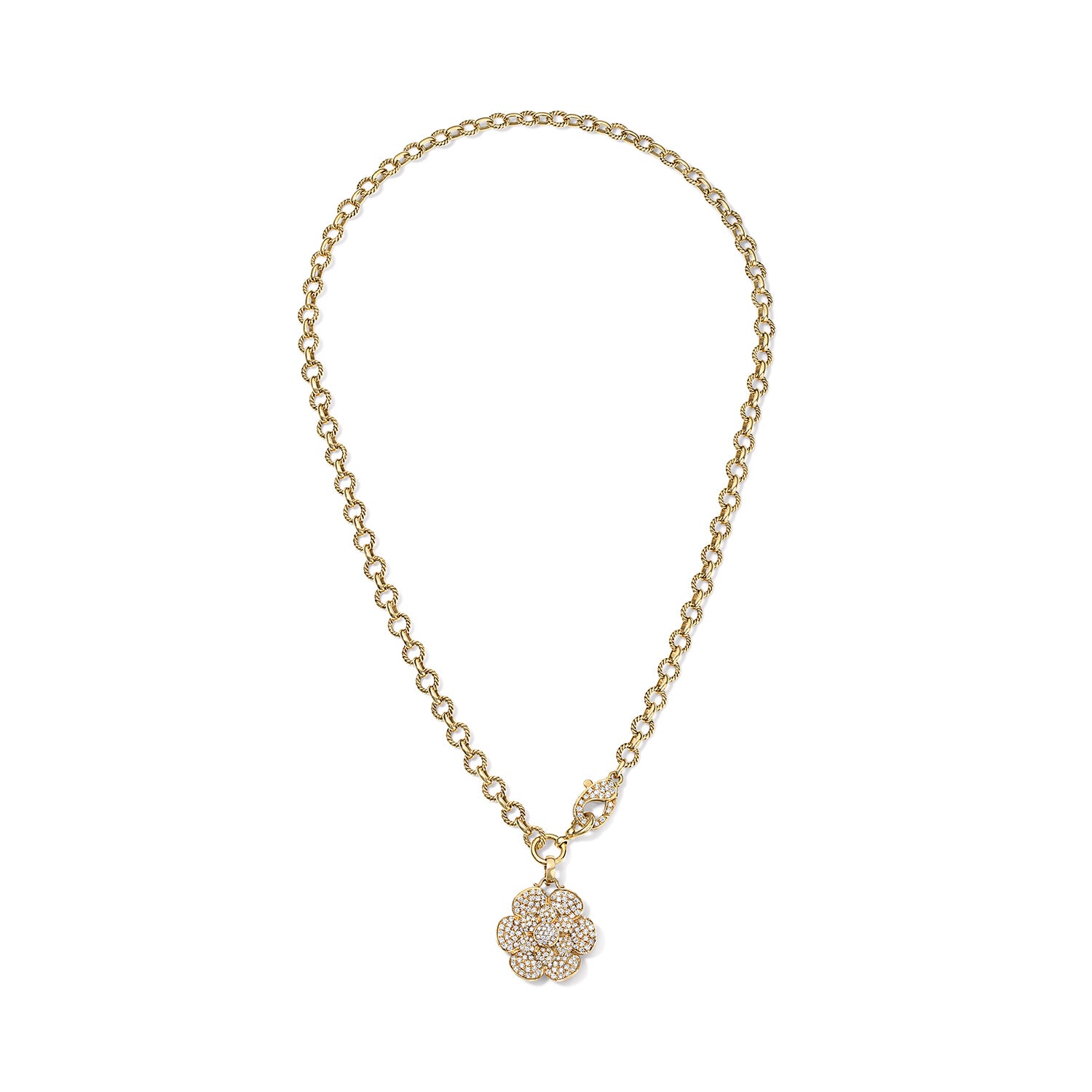 Diamond Flower Pendant on Link Necklace with Pave Clasp in Yellow Gold