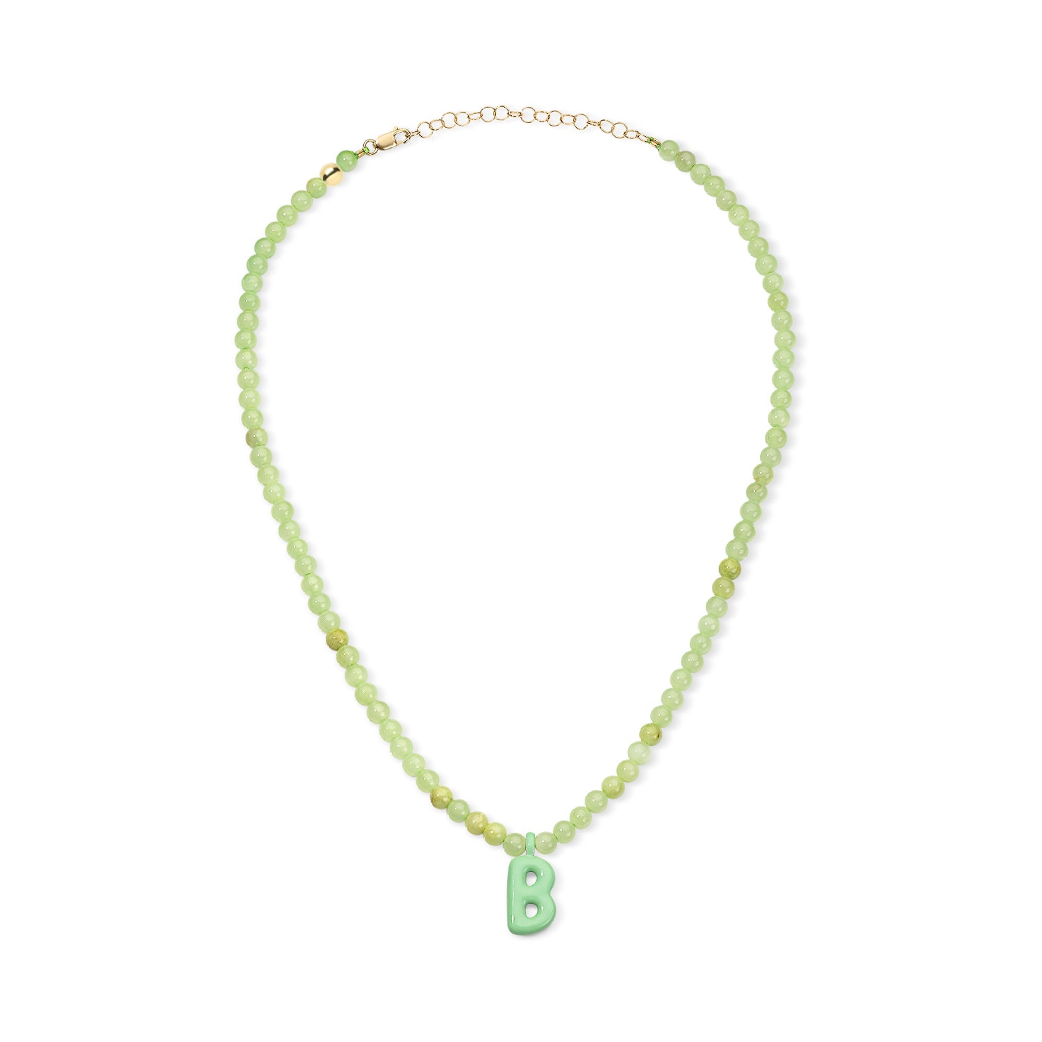 Green Bead Necklace with Enamel Bubble Initial