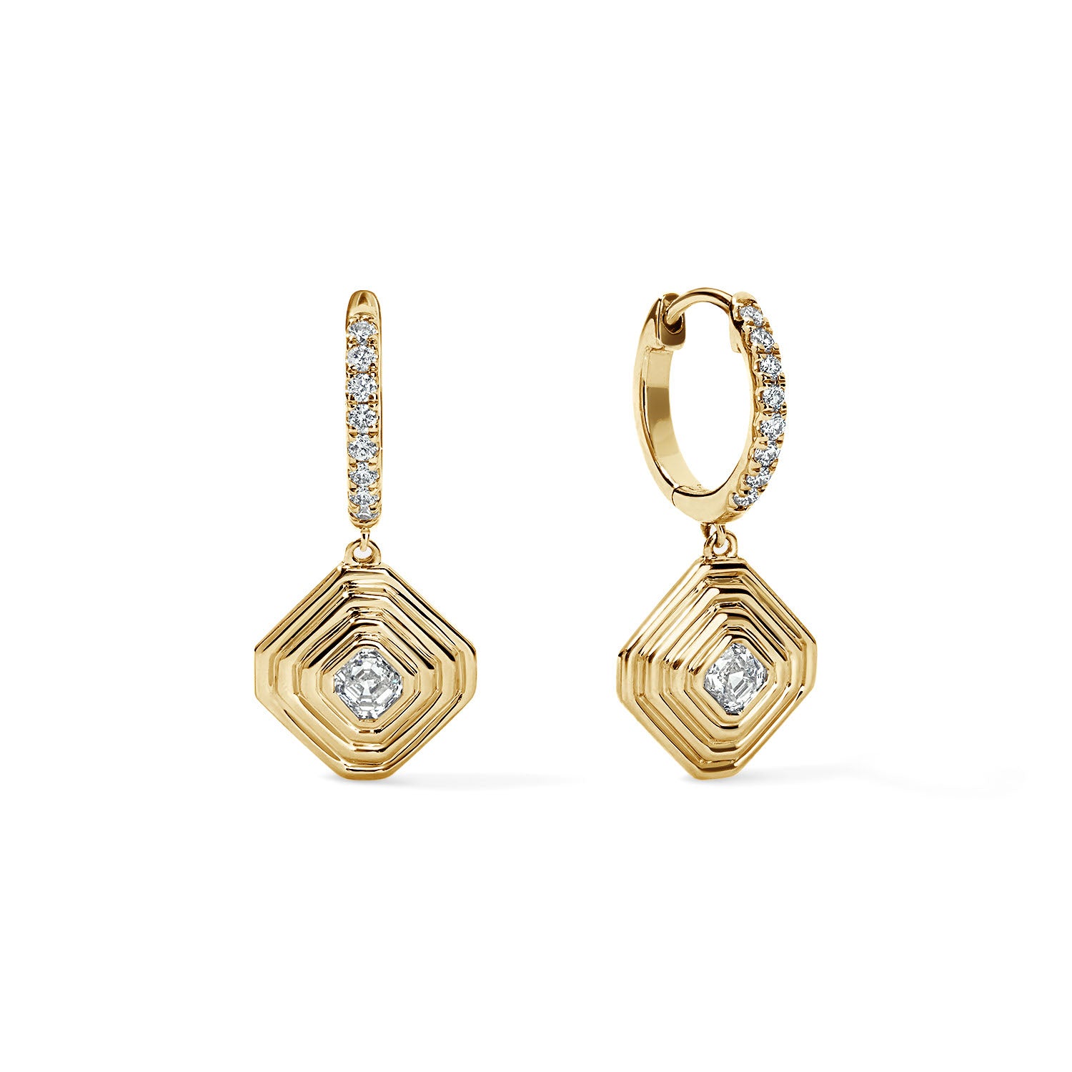 Gold and Diamond Asscher Single Drop Huggie Earrings
