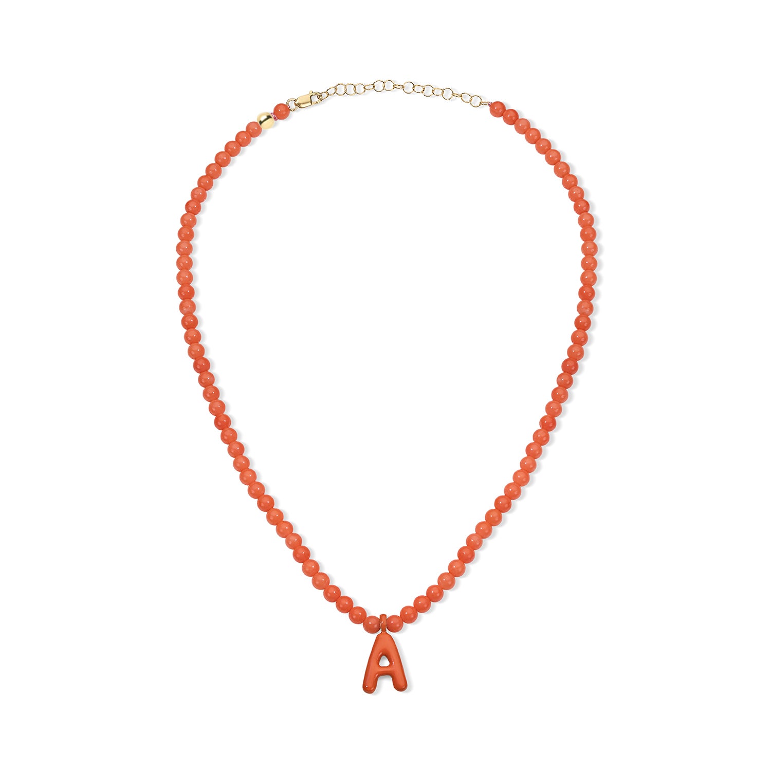 Orange Bead Necklace with Enamel Bubble Initial