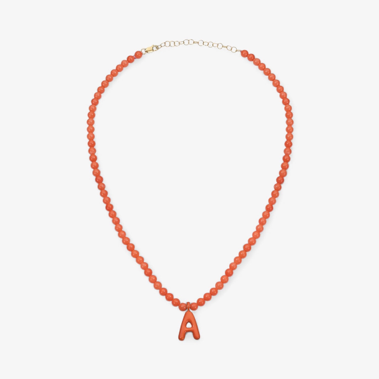 Orange Bead Necklace with Enamel Bubble Initial