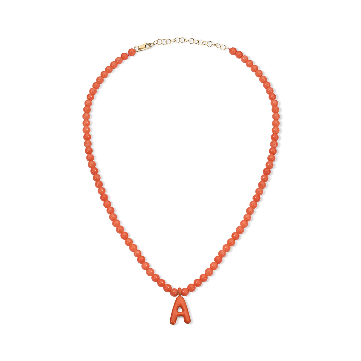 Orange Bead Necklace with Enamel Bubble Initial