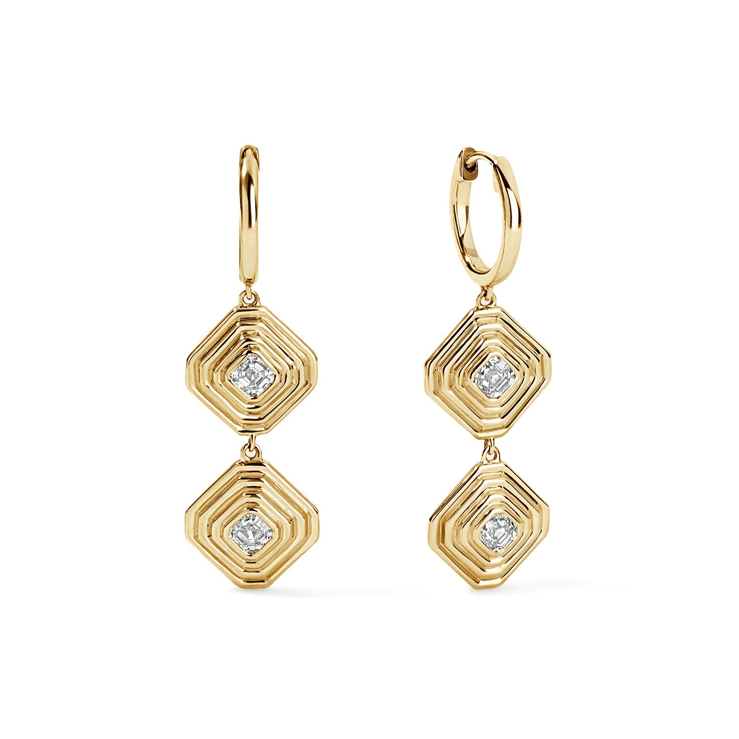 Gold and Diamond Asscher Double Drop Huggie Earrings