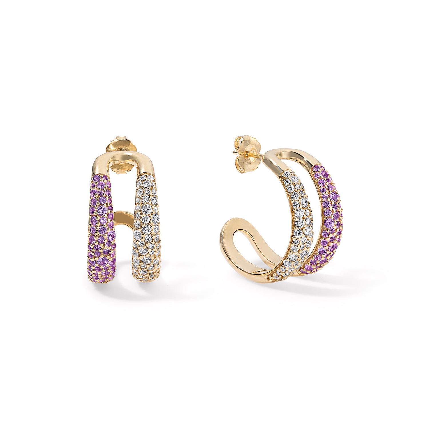 Purple Amethyst and Diamond Double Domed Hoops