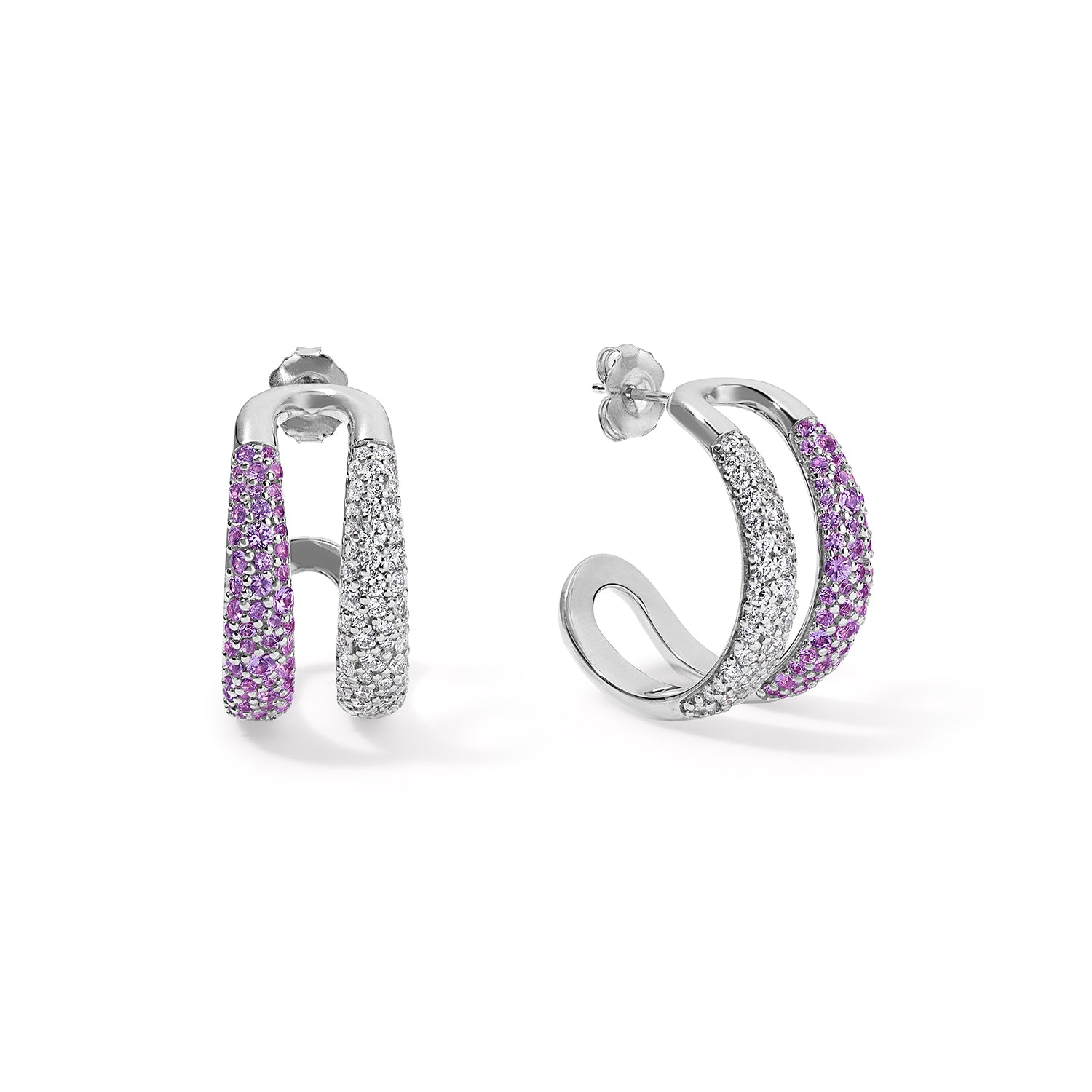 Purple Amethyst and Diamond Double Domed Hoops