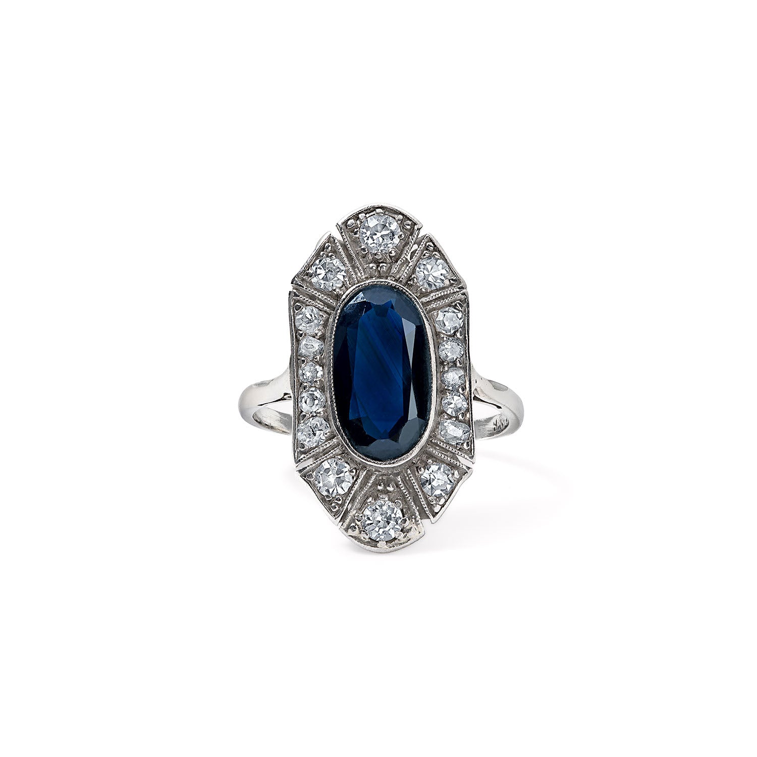 Vintage Elongated Oval Sapphire and Diamond Ring