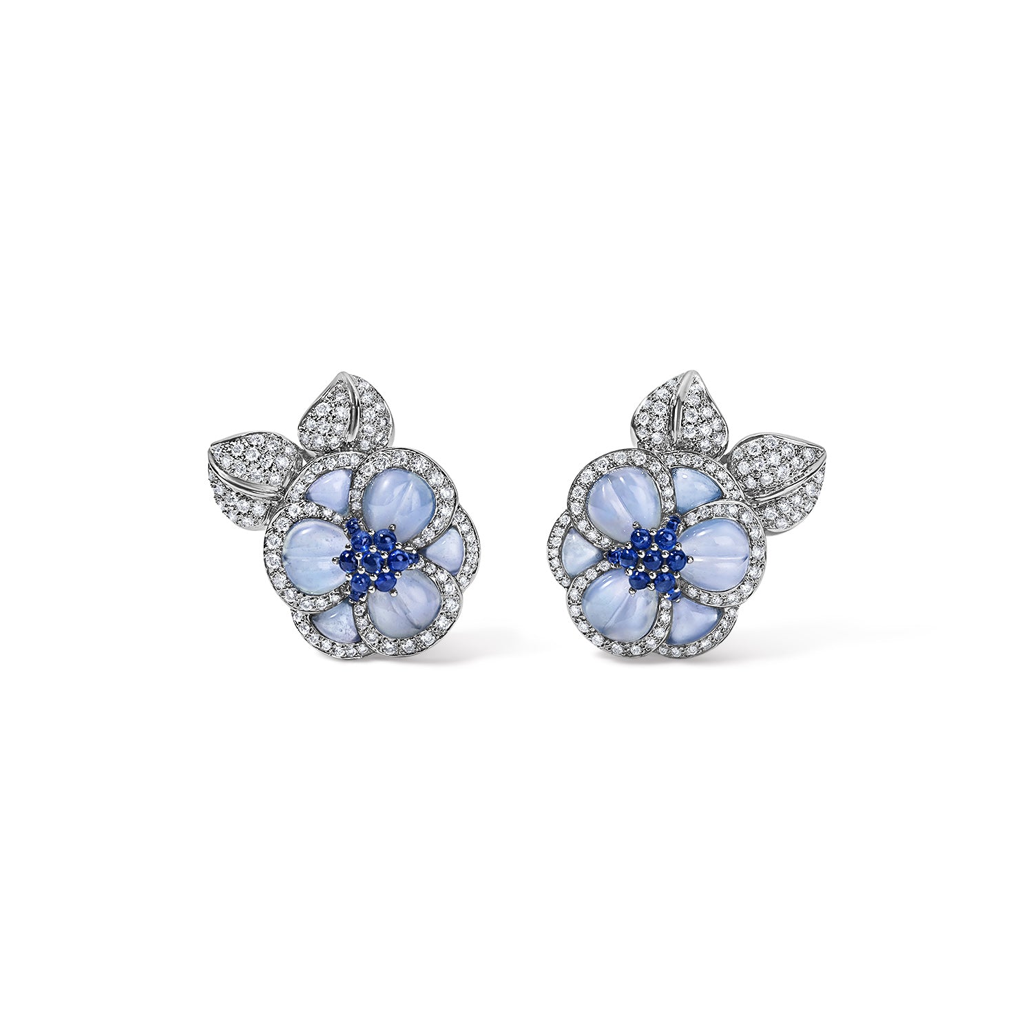 Chalcedony Flower Earrings in White Gold