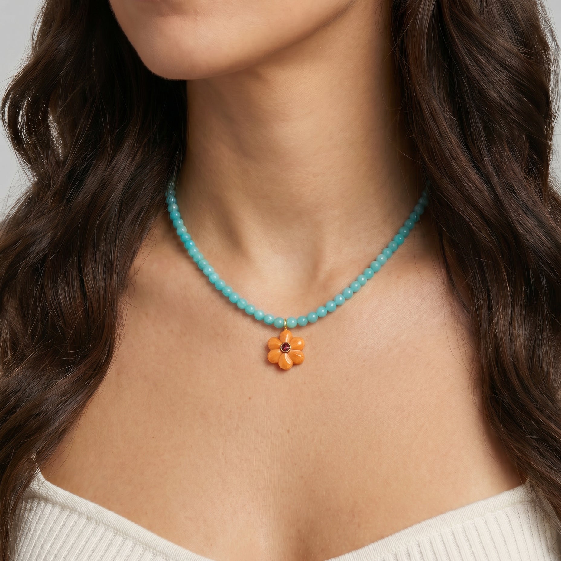 Kendall Amazonite Beaded Necklace with Orange Spiny Oyster Shell Flower Charm