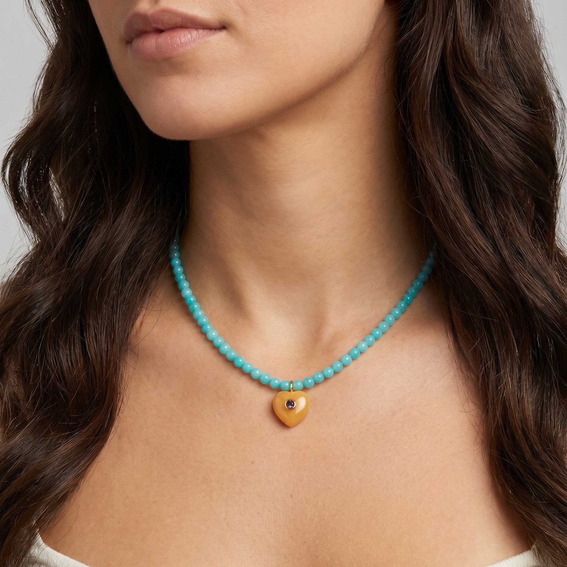 Kendall Amazonite Beaded Necklace with Yellow Jade Heart Charm